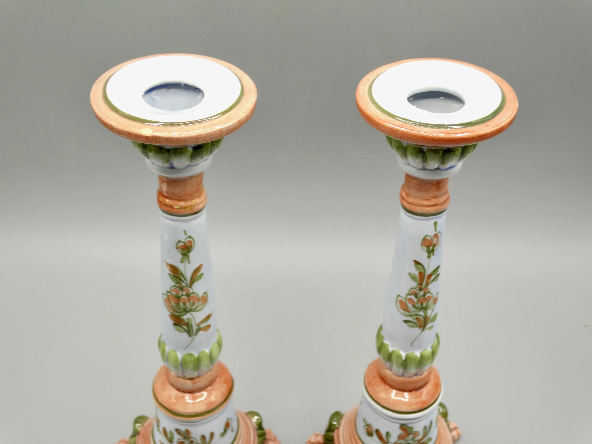 Top view of mid-century Italian faience candlestick showing hand painted floral motif and pedestal opening