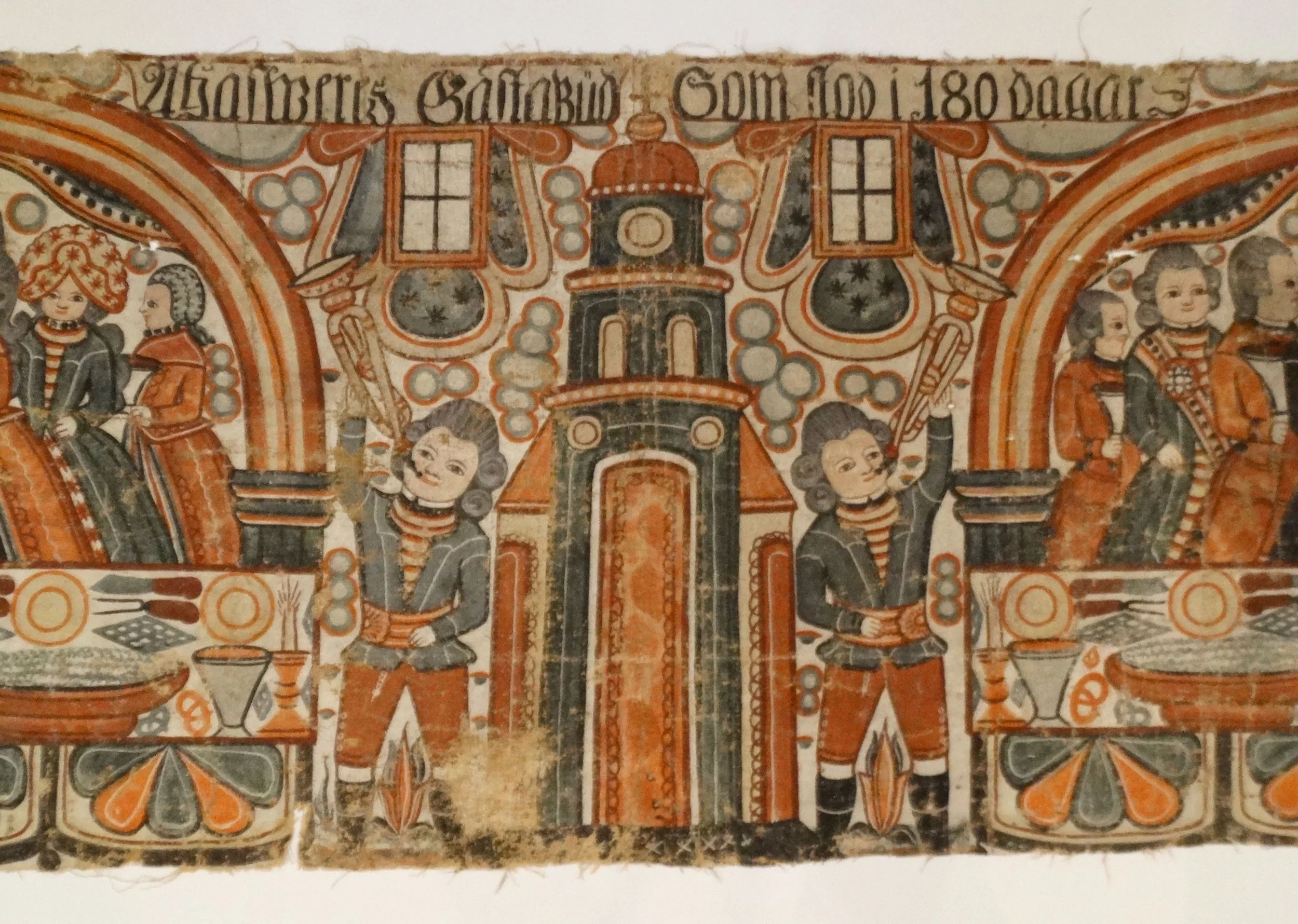 Middle section of Swedish linen bonad, showing King and guests in 18th century traditional costumes