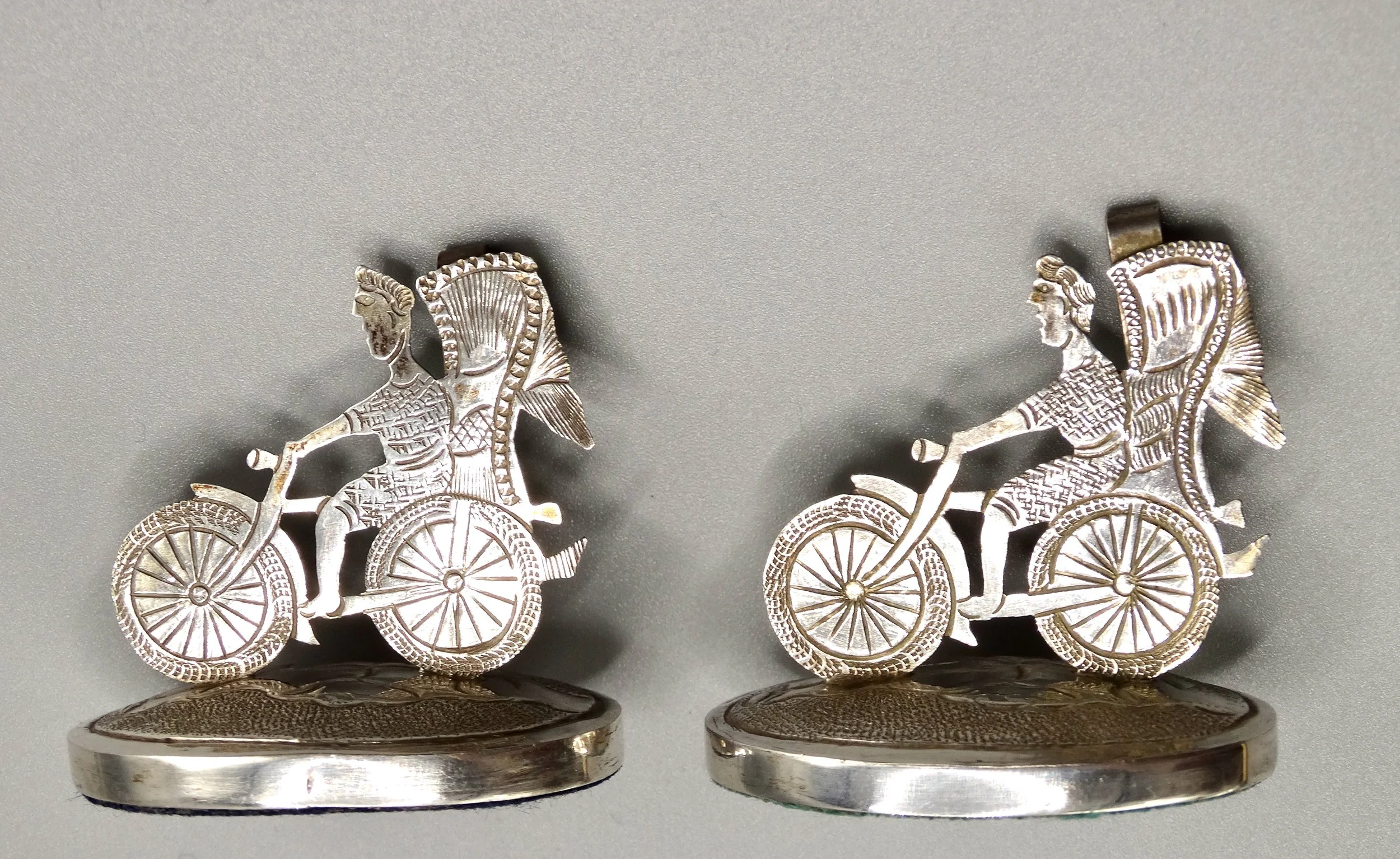 Pair of Chinese sterling silver Colonial rickshaw place card holders, finely handcrafted figural design.