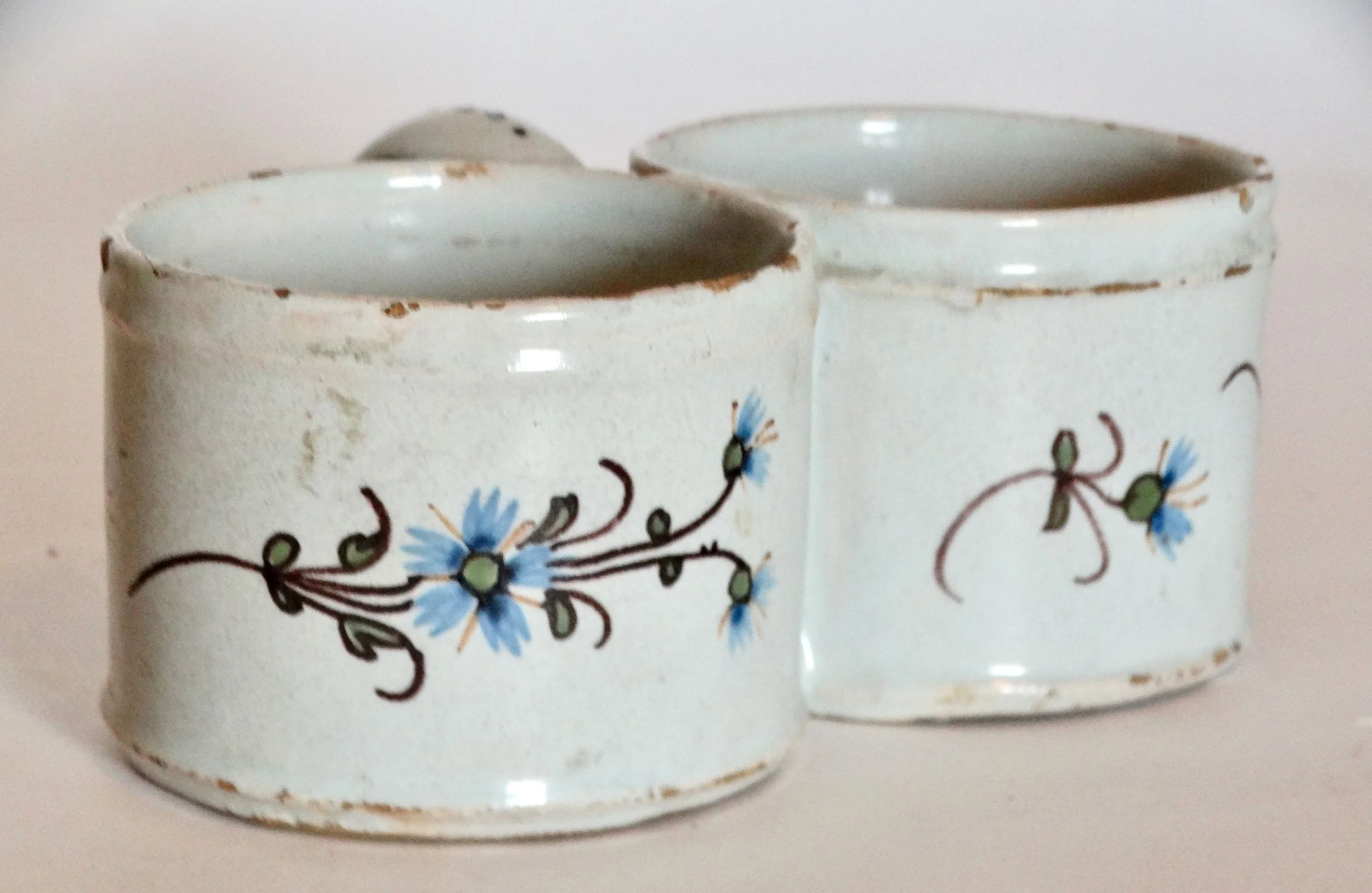 18th-century Delft faience presentier double dish, hand molded and hand painted with polychrome floral pattern