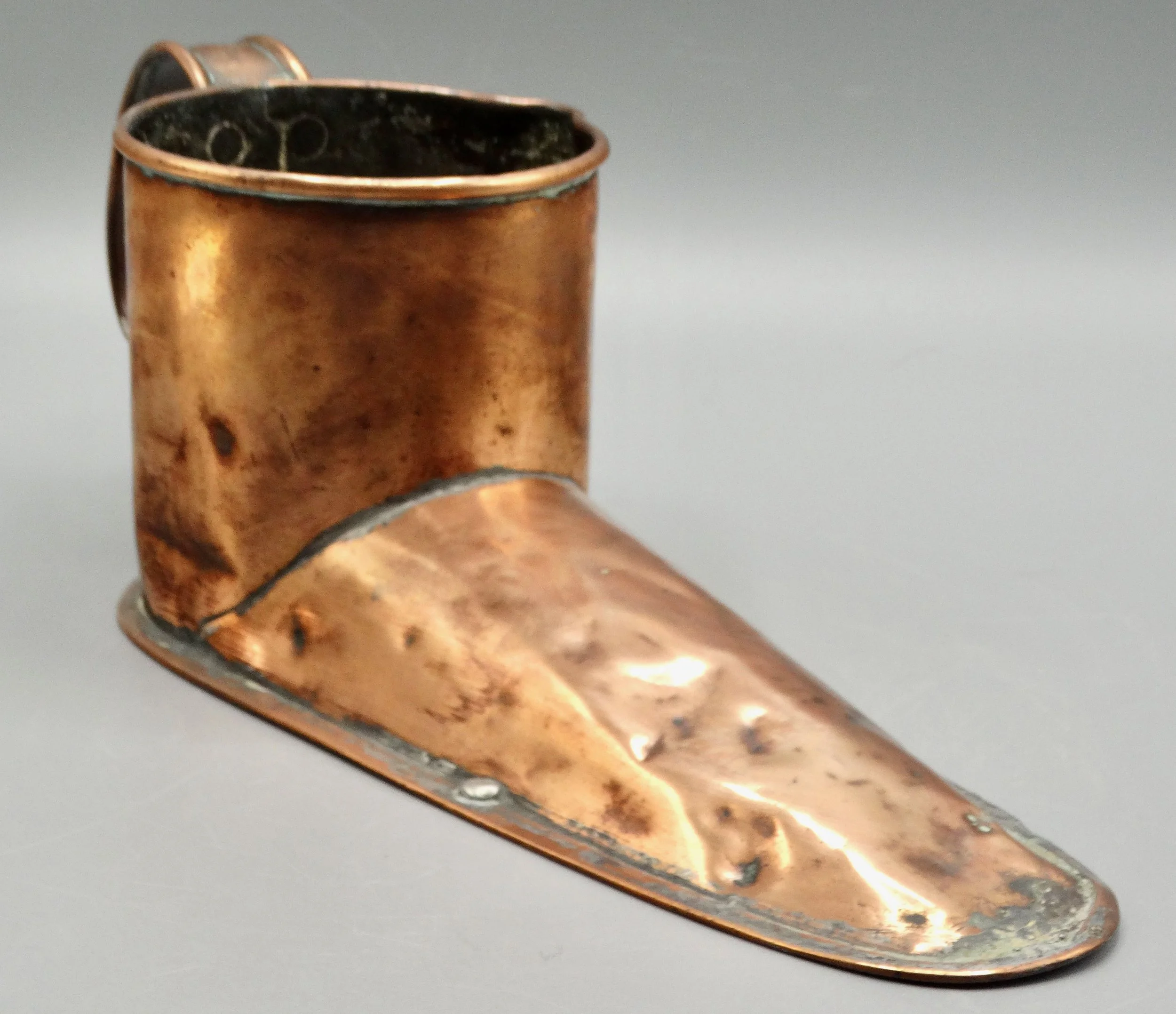 19th-century English copper boot ale warmer, handcrafted, used to heat ale, wine, or beer over a hearth