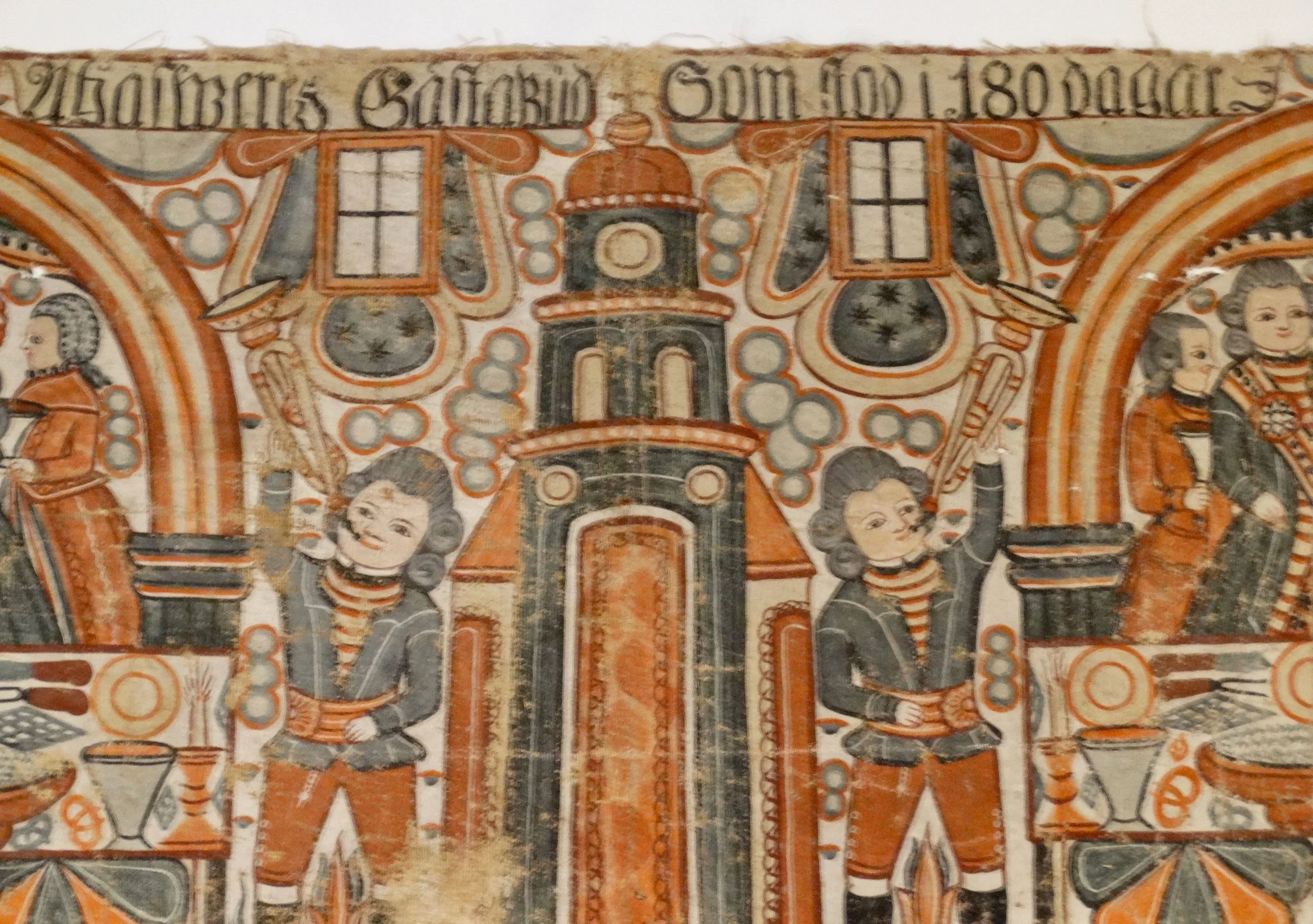 Middle section of Swedish linen bonad, showing King and guests in 18th century traditional costumes