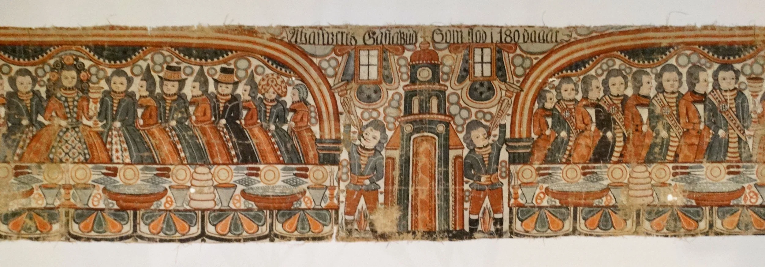 Antique Swedish linen bonad, Ahasuerus’ Banquet, hand painted by Johannes Nilsson, Halland circa 1800