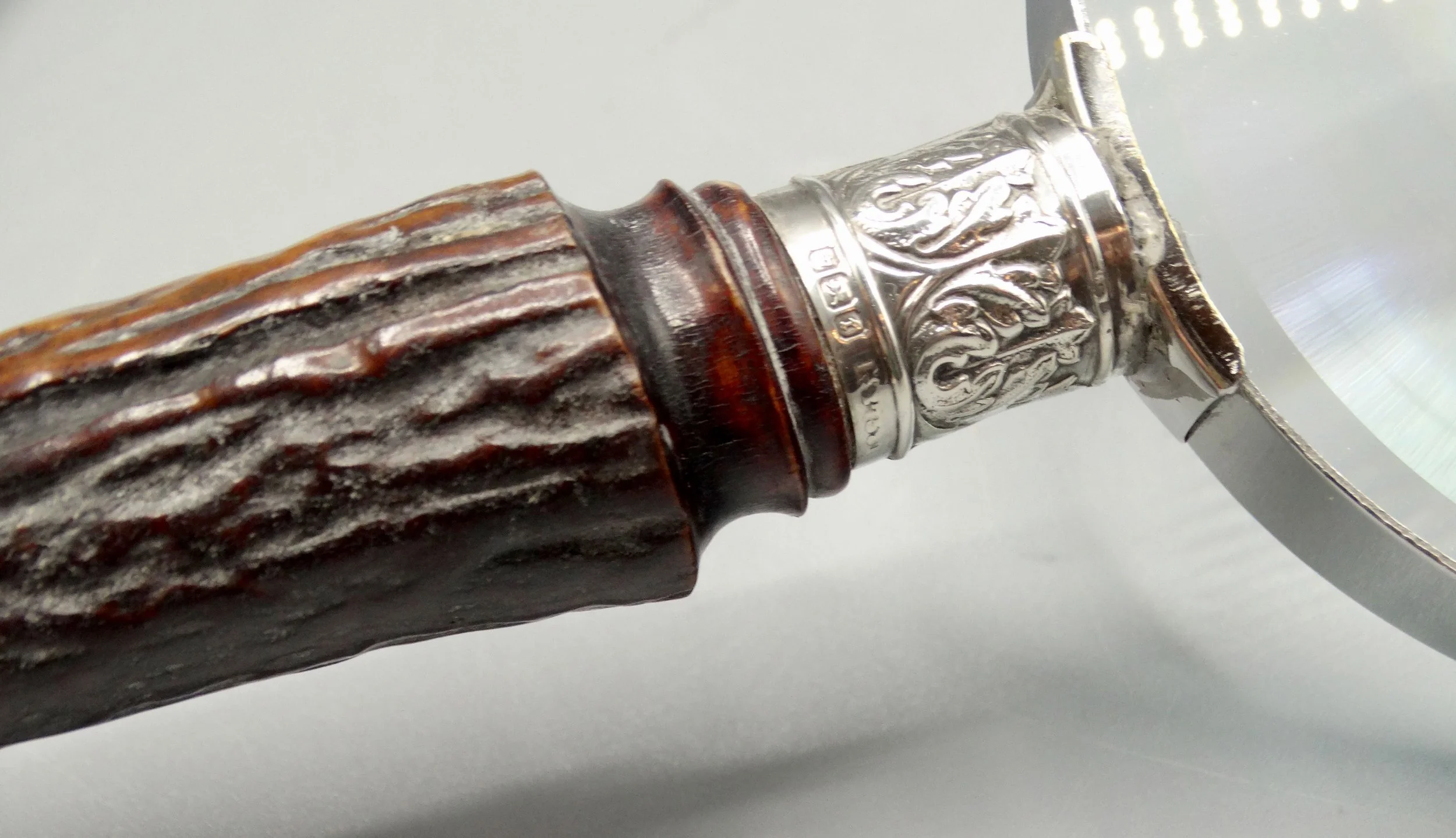 Sterling silver mounts and hallmarks on antique magnifying glass, Henry Wigfull, Sheffield 1911