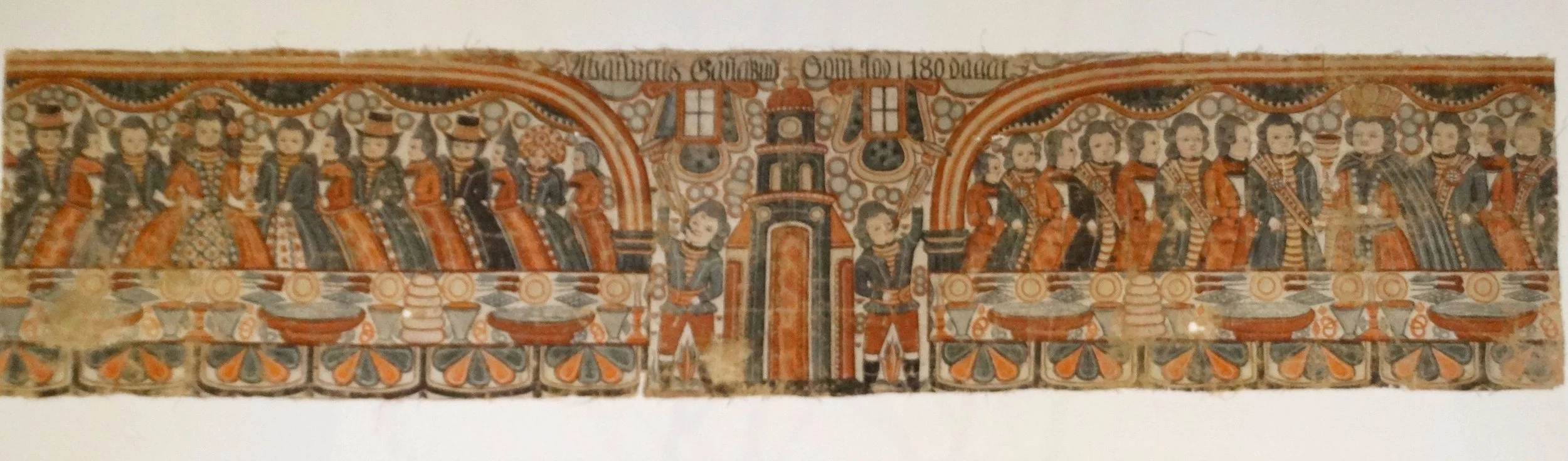 Antique Swedish linen bonad, Ahasuerus’ Banquet, hand painted by Johannes Nilsson, Halland circa 1800