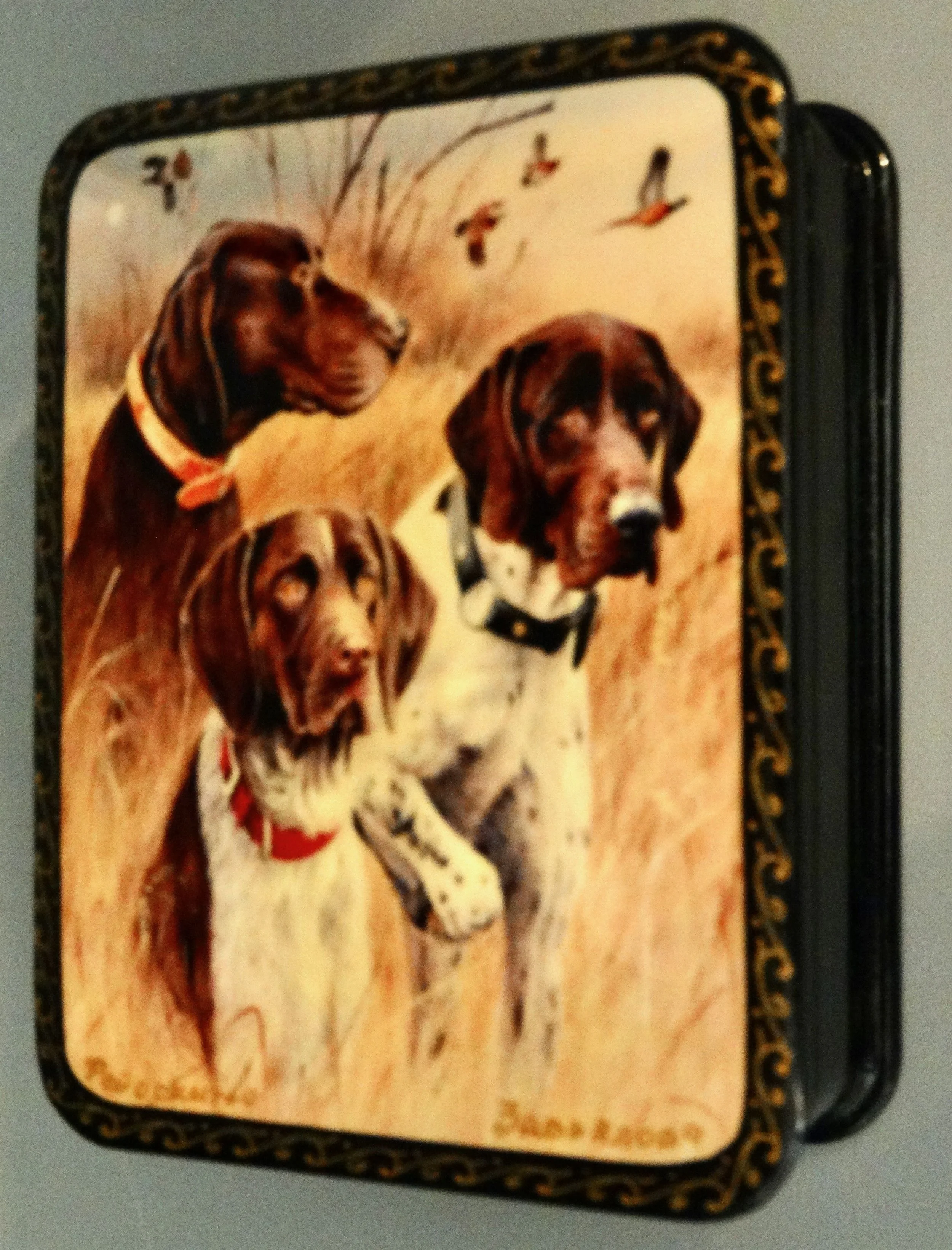 Vintage Russian Papier-Mâché Box with Sporting Dogs