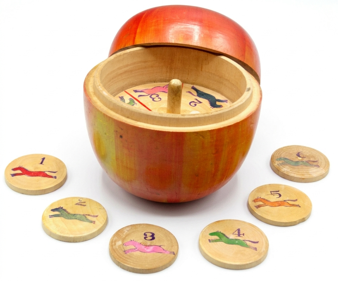 Folk Art Carved Apple Steeplechase Horse Racing Game