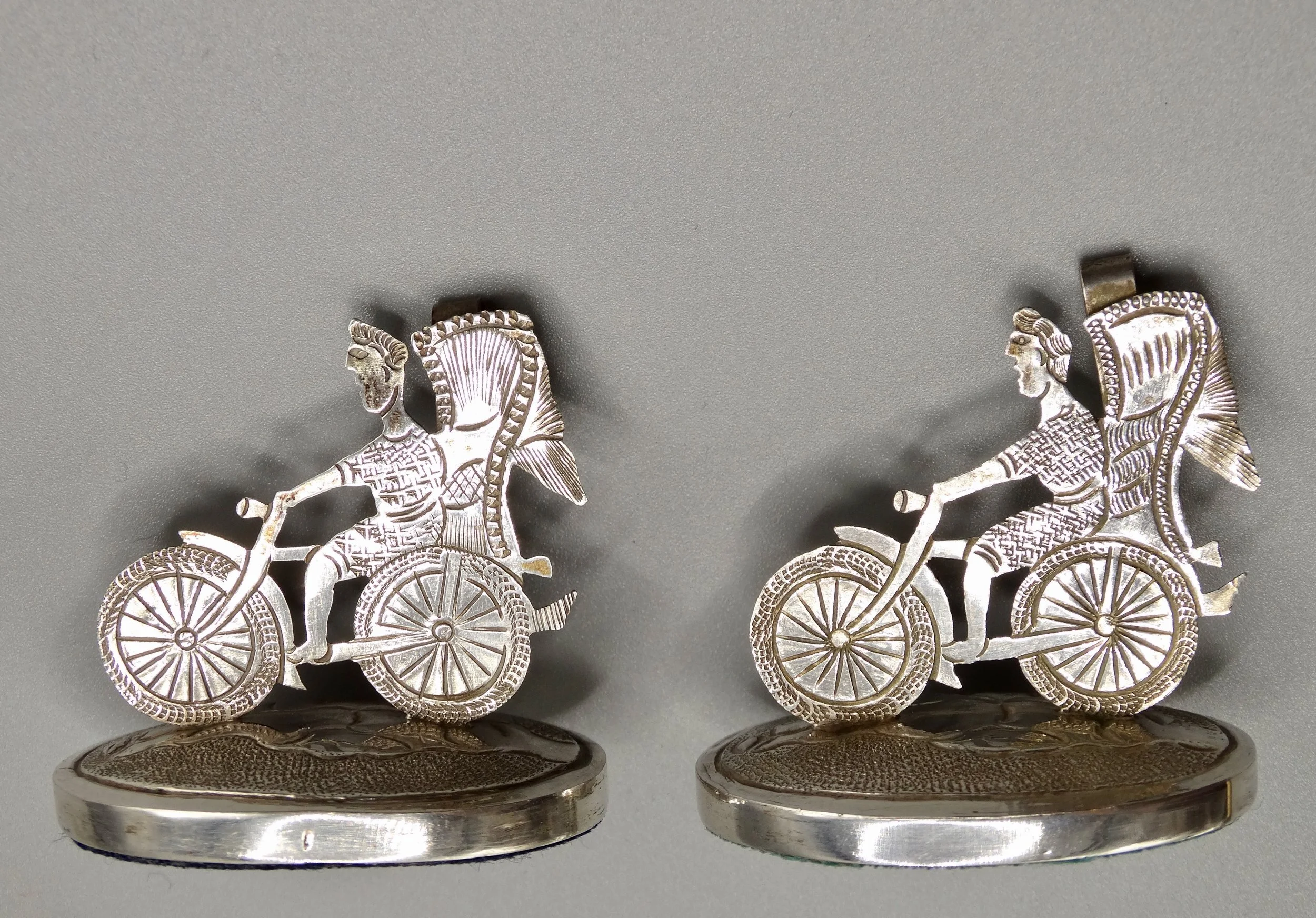 Pair of Chinese sterling silver Colonial rickshaw place card holders, finely handcrafted figural design.