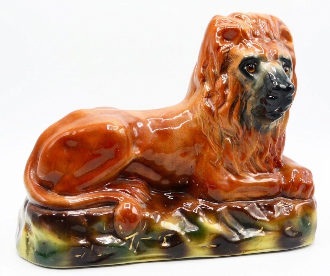 19th-Century English Staffordshire Lion Statue w/ Glass Eyes