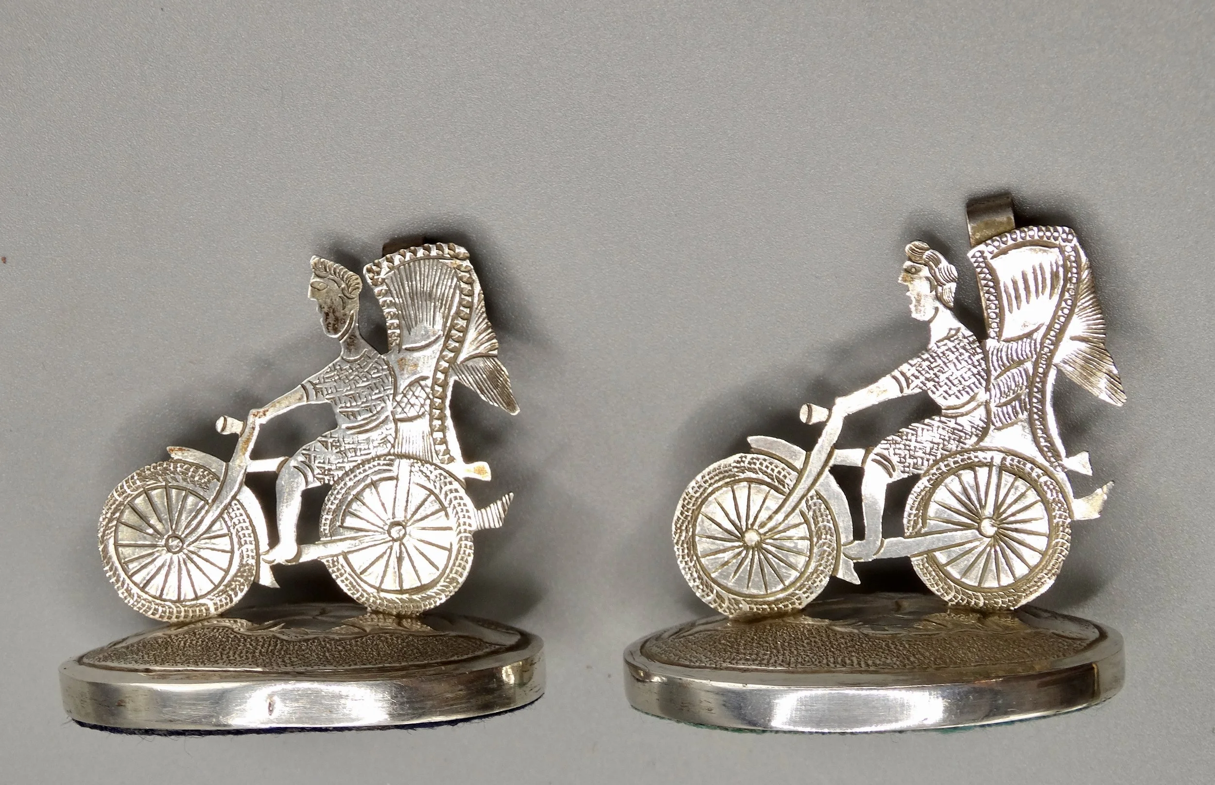 Pair of Chinese sterling silver Colonial rickshaw place card holders, finely handcrafted figural design.