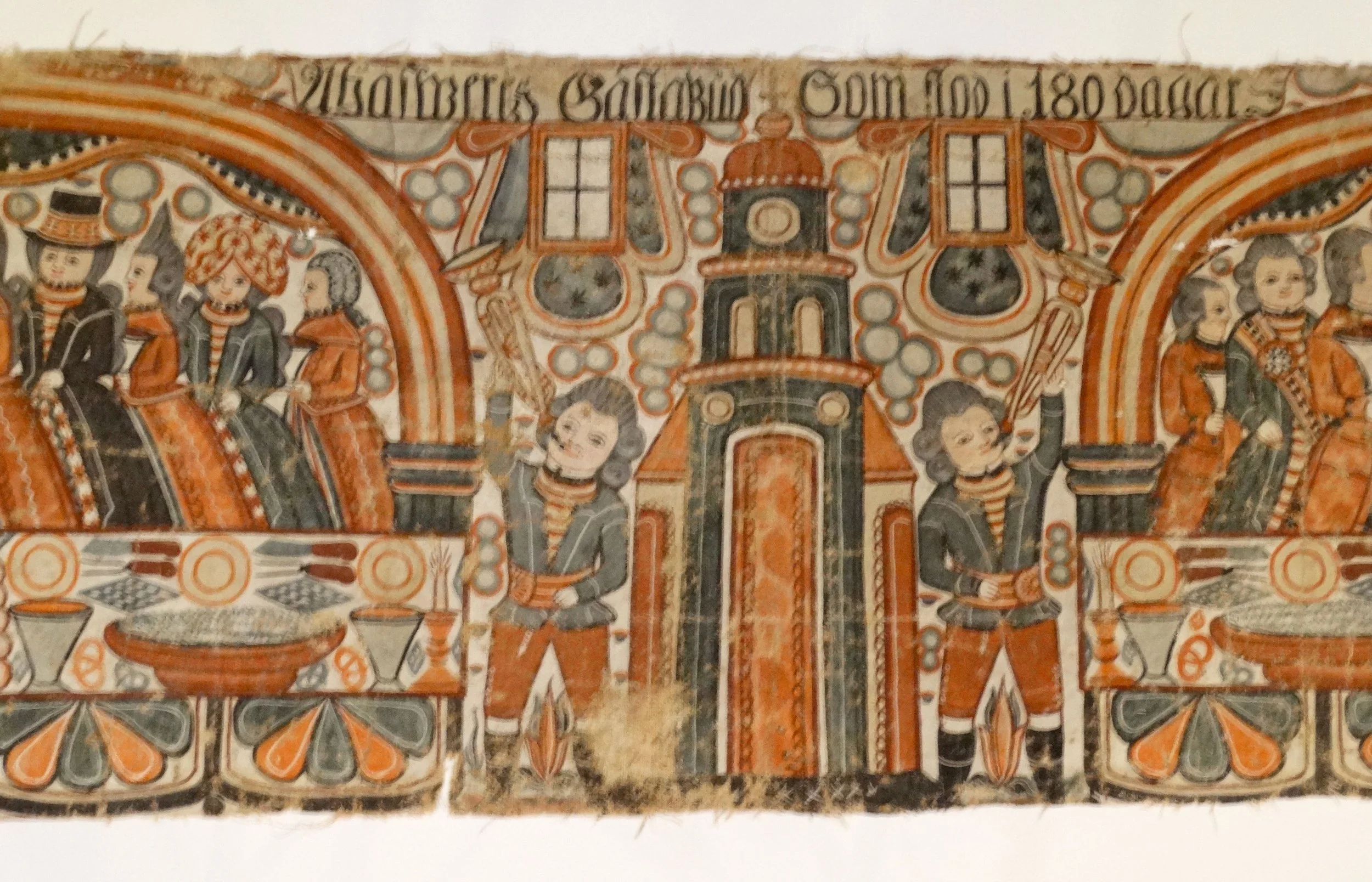 Middle section of Swedish linen bonad, showing King and guests in 18th century traditional costumes