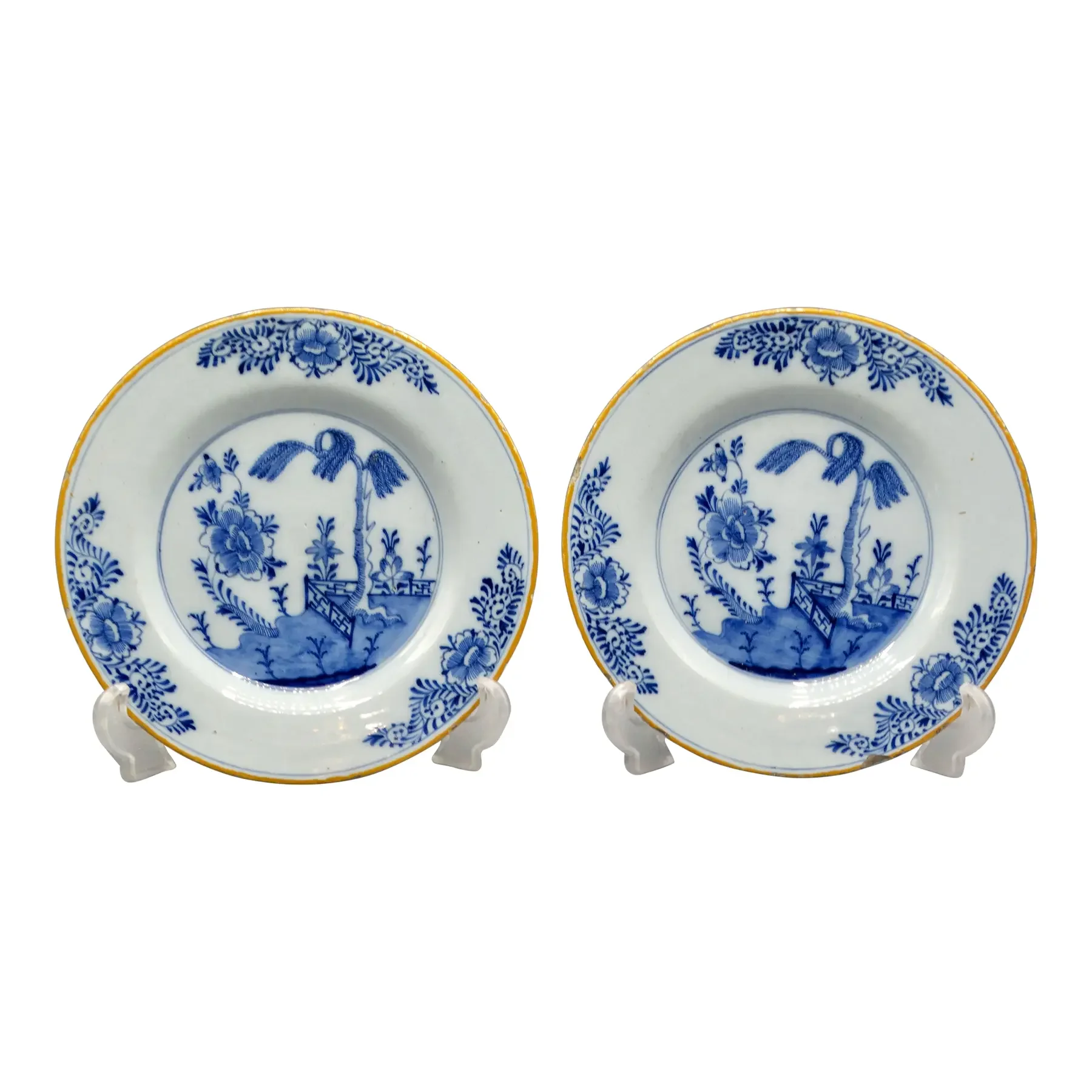 18th-Century Dutch Delft Chinoiserie Plates Hatchet Marks, Pair