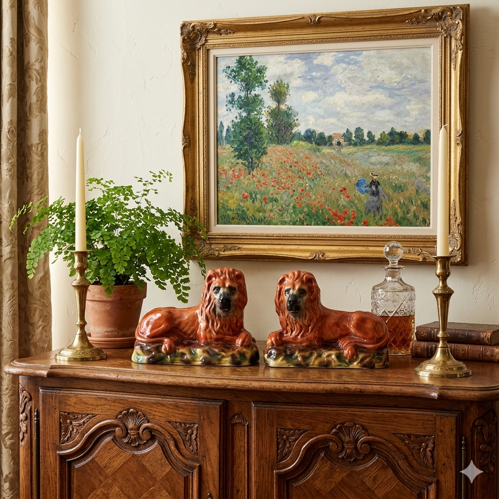 19th-Century English Staffordshire Lion Figurines, Pair