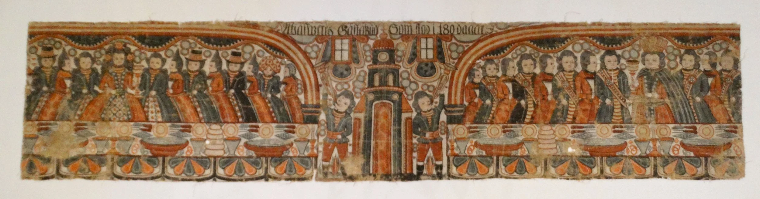 Antique Swedish linen bonad, Ahasuerus’ Banquet, hand painted by Johannes Nilsson, Halland circa 1800