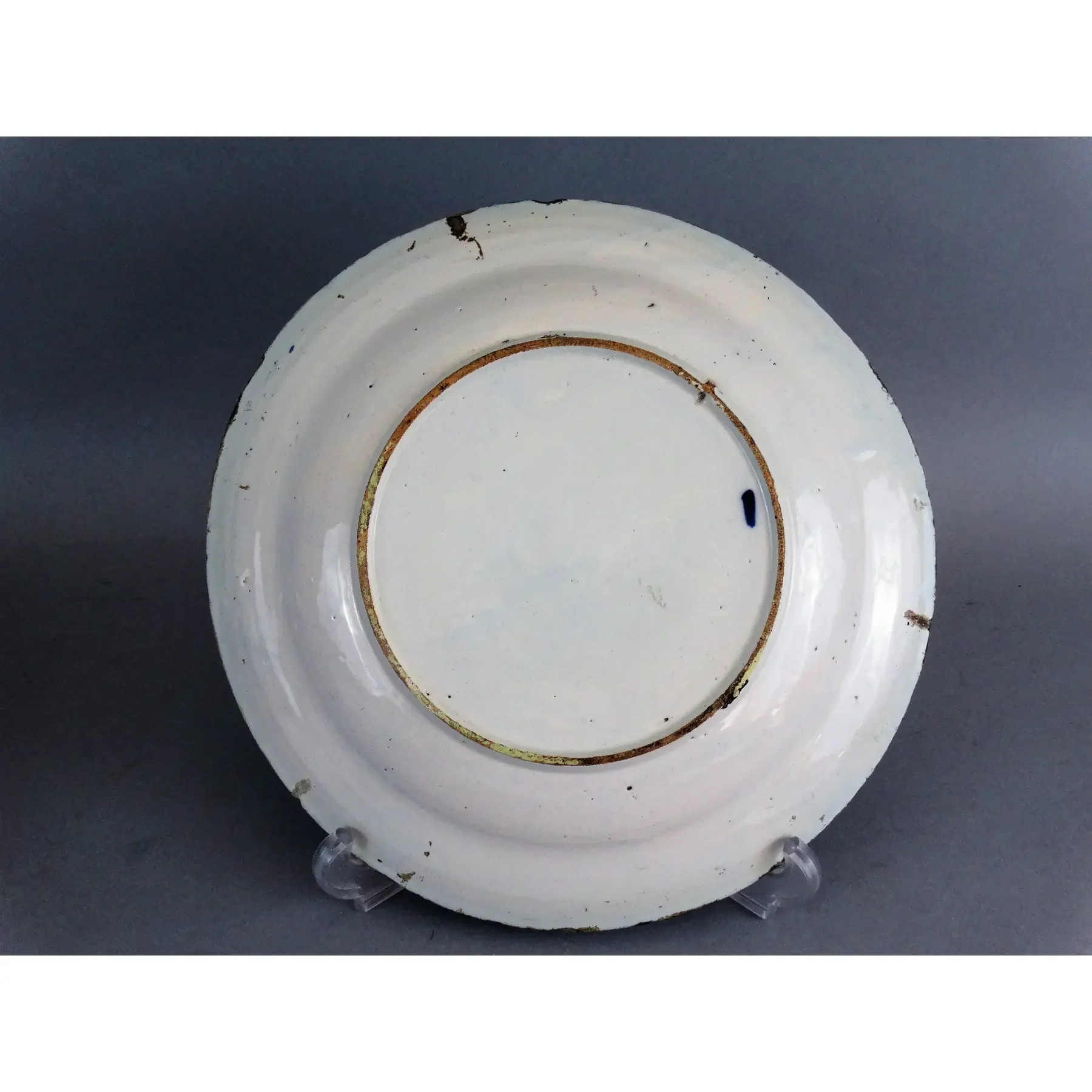 Back of 18th-century Dutch Delftware chinoiserie charger, unmarked faience pottery