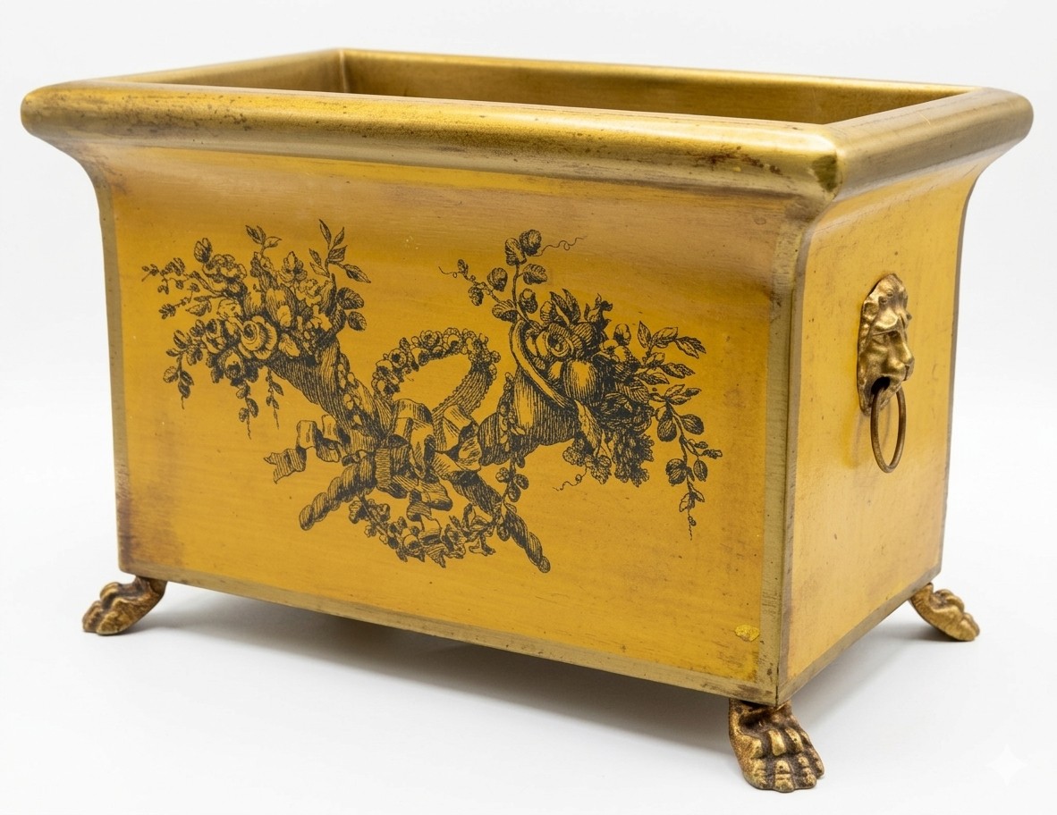 Antique French Mustard Color Toleware Jardiniere Cachepot