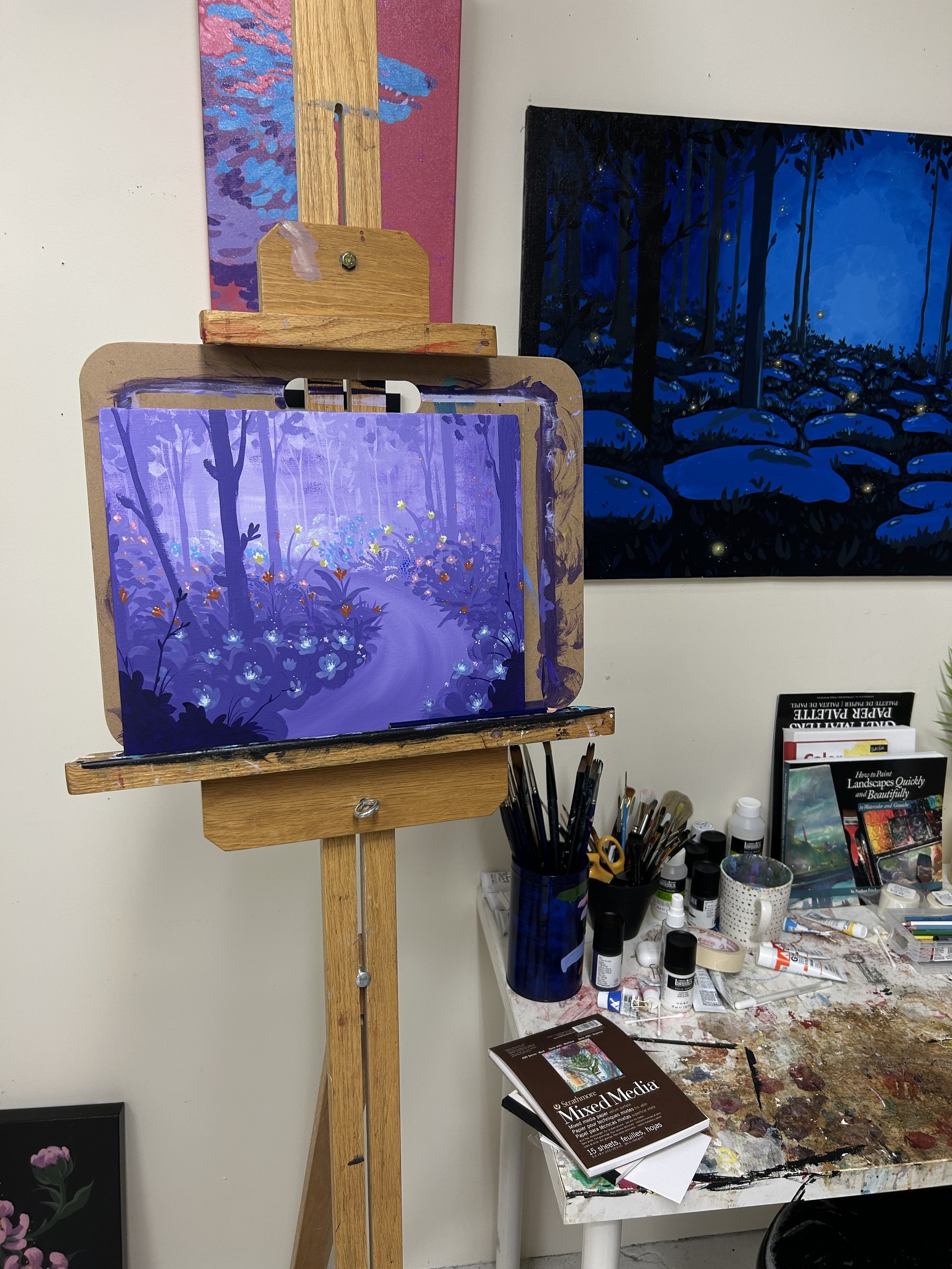 Midnight Garden value study, the first of many leading up to the central piece of the collection. Painted in acrylic and acrylic gouache on canvas board, 11x14. SOLD