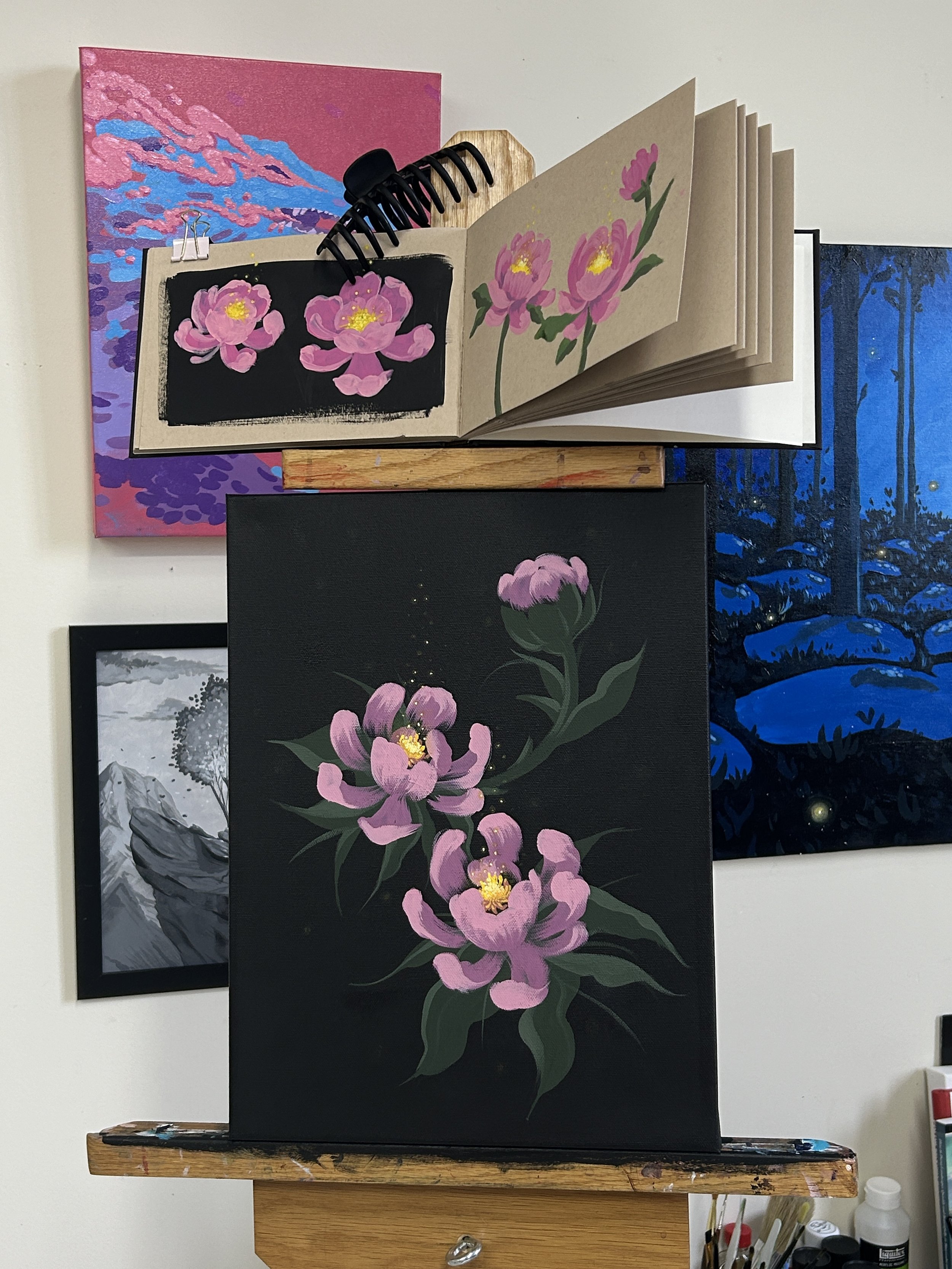 Midnight Peonies, Acrylagouache on canvas, 2024. Photographed with studies.