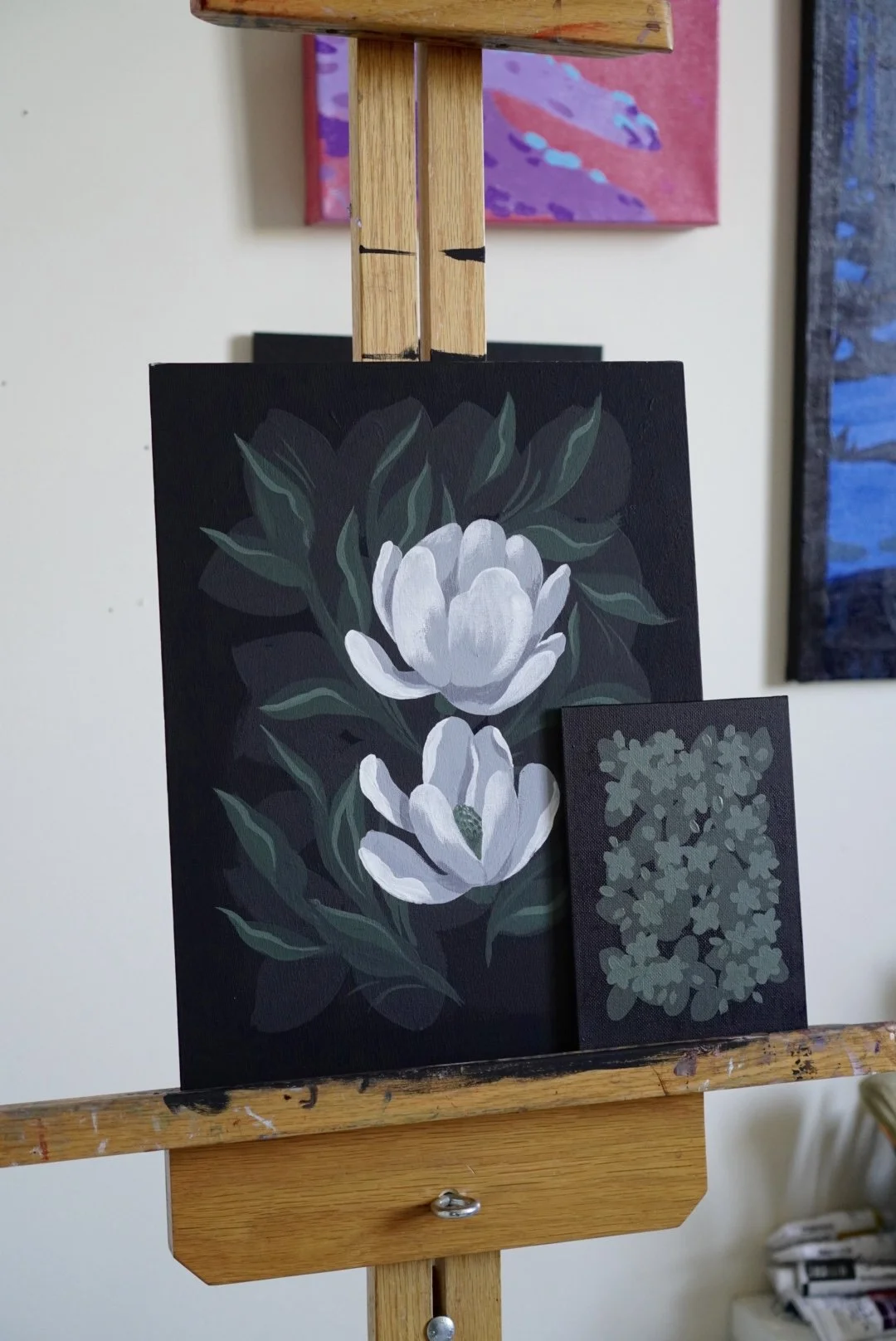Midnight Magnolias, WIP, Acrylagouache, 2024. Accompanied by a WIP study. SOLD