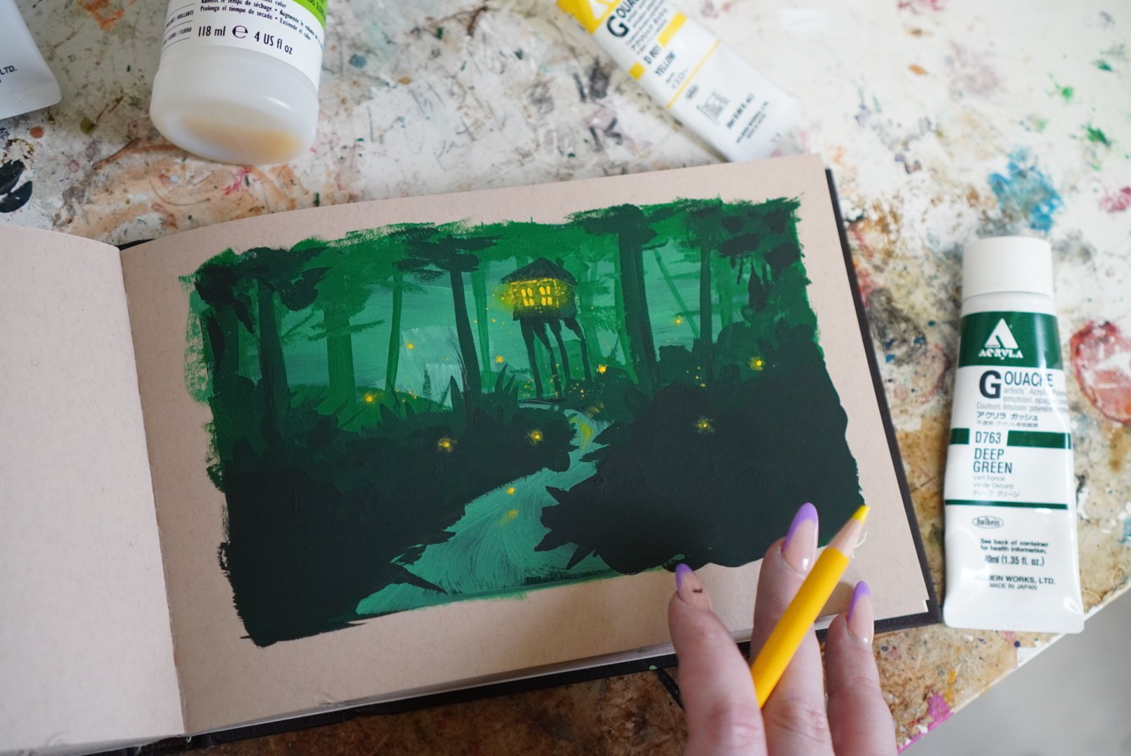 Baba Yaga study in acrylagouache on toned mixed media paper.