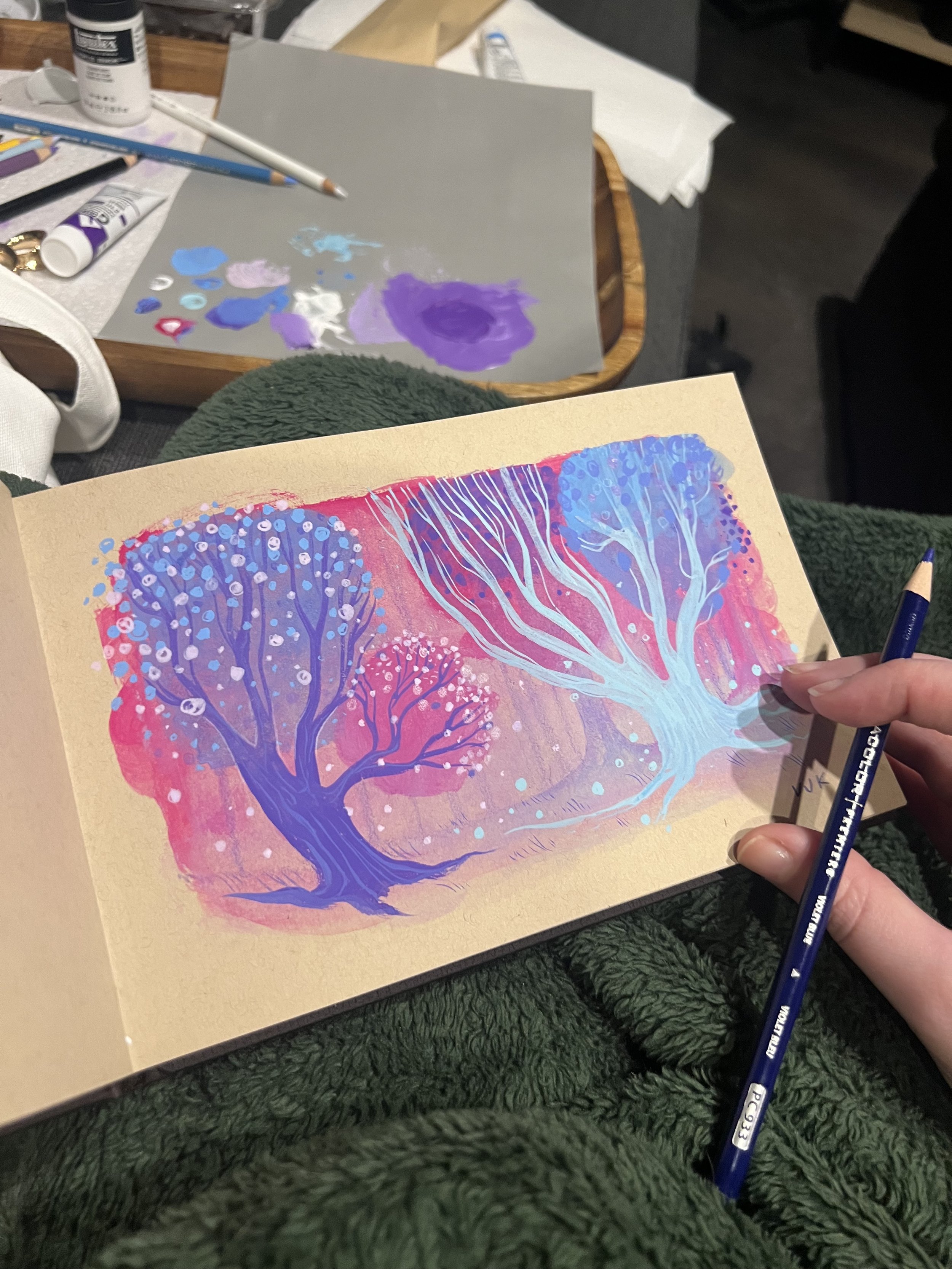 Cotton Candy paint sketch on toned mixed media paper. Acrylagouache, 2024.