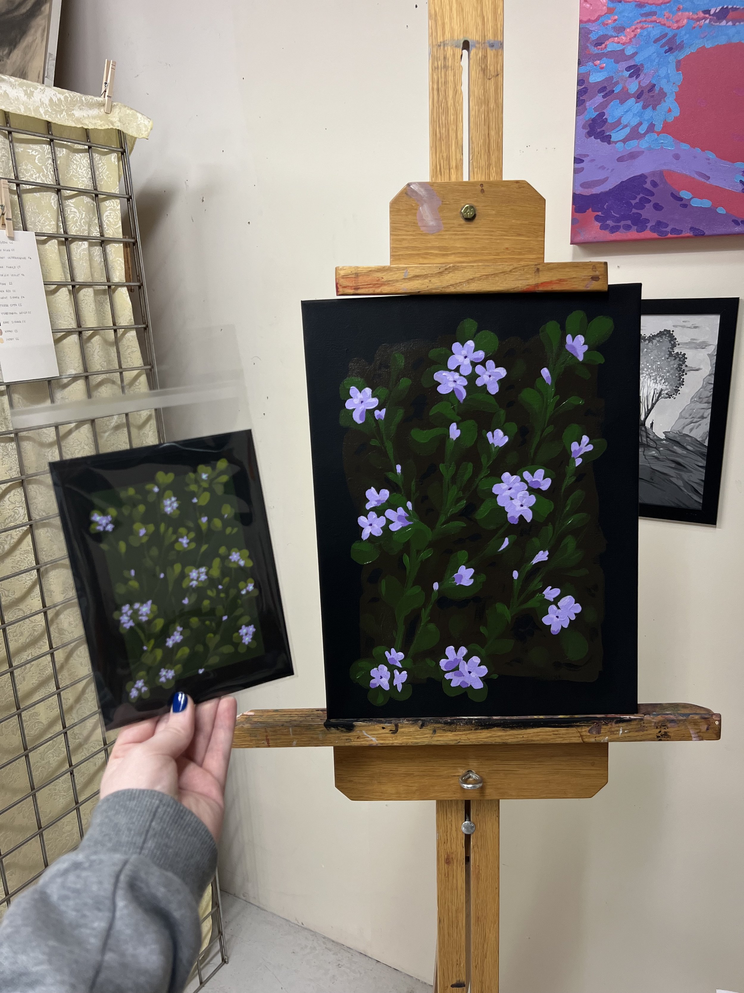 Midnight Lilacs & study, Acrylagouache, 2024. SOLD