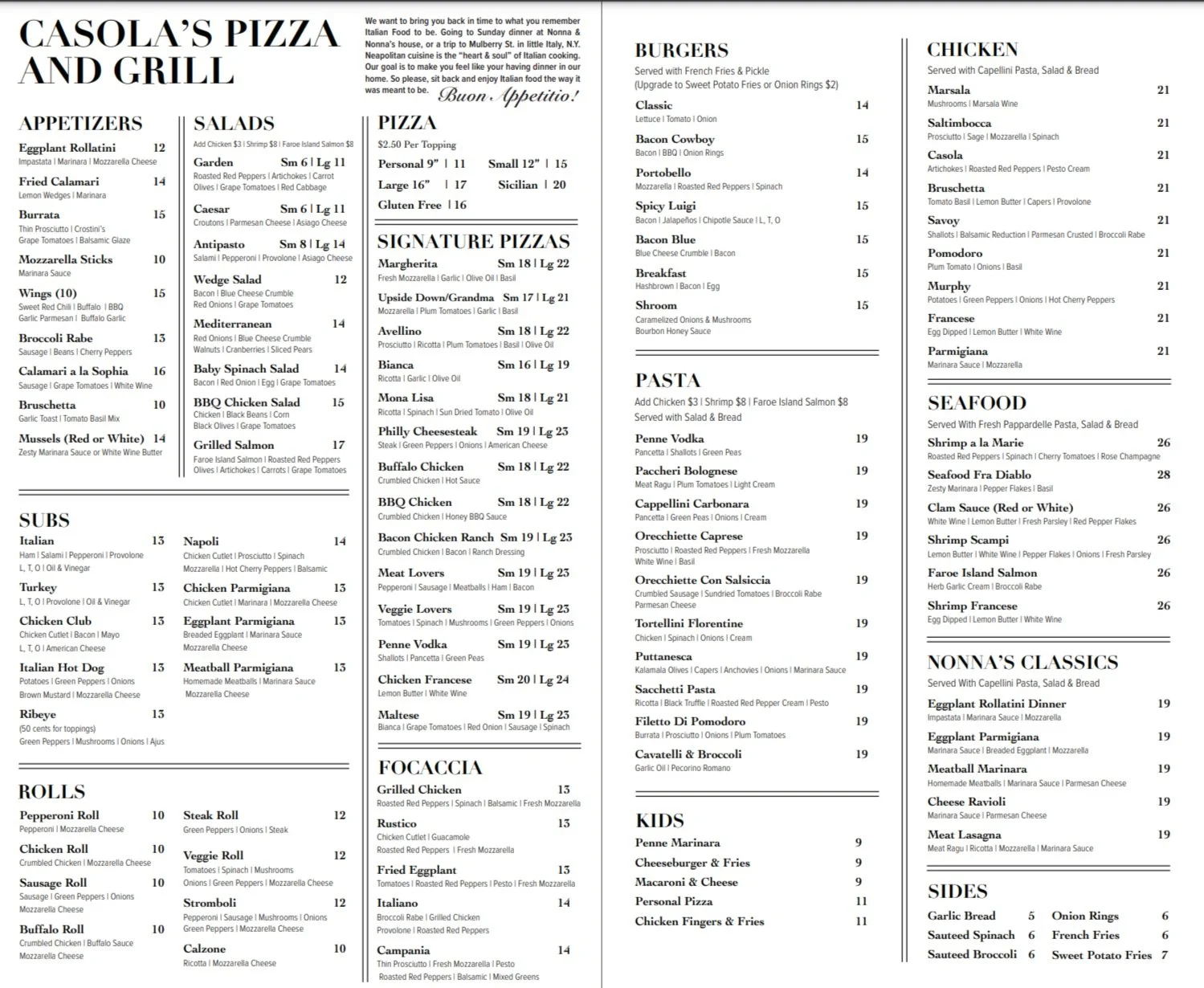 Menu & Catering — Casola's Pizza & Grill