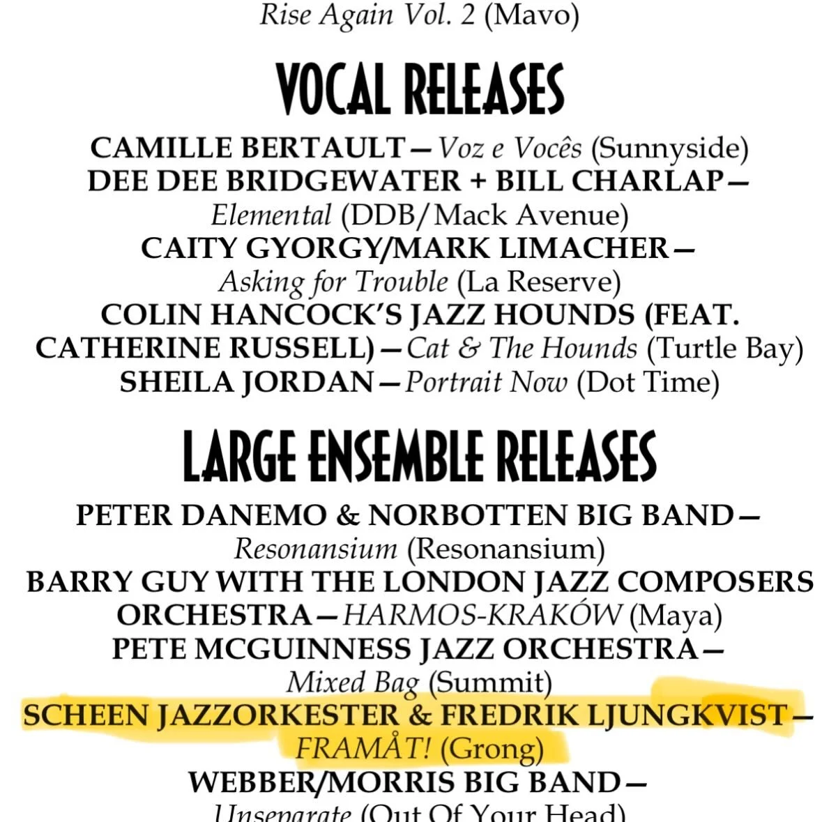 We&rsquo;re happy to be mentioned in @tnycjr as one of the best large ensemble releases this year, with our album &laquo;Fram&aring;t&raquo;!
Excellent music by @fredljungkvist, released on @grongmusikk 🤩🎉