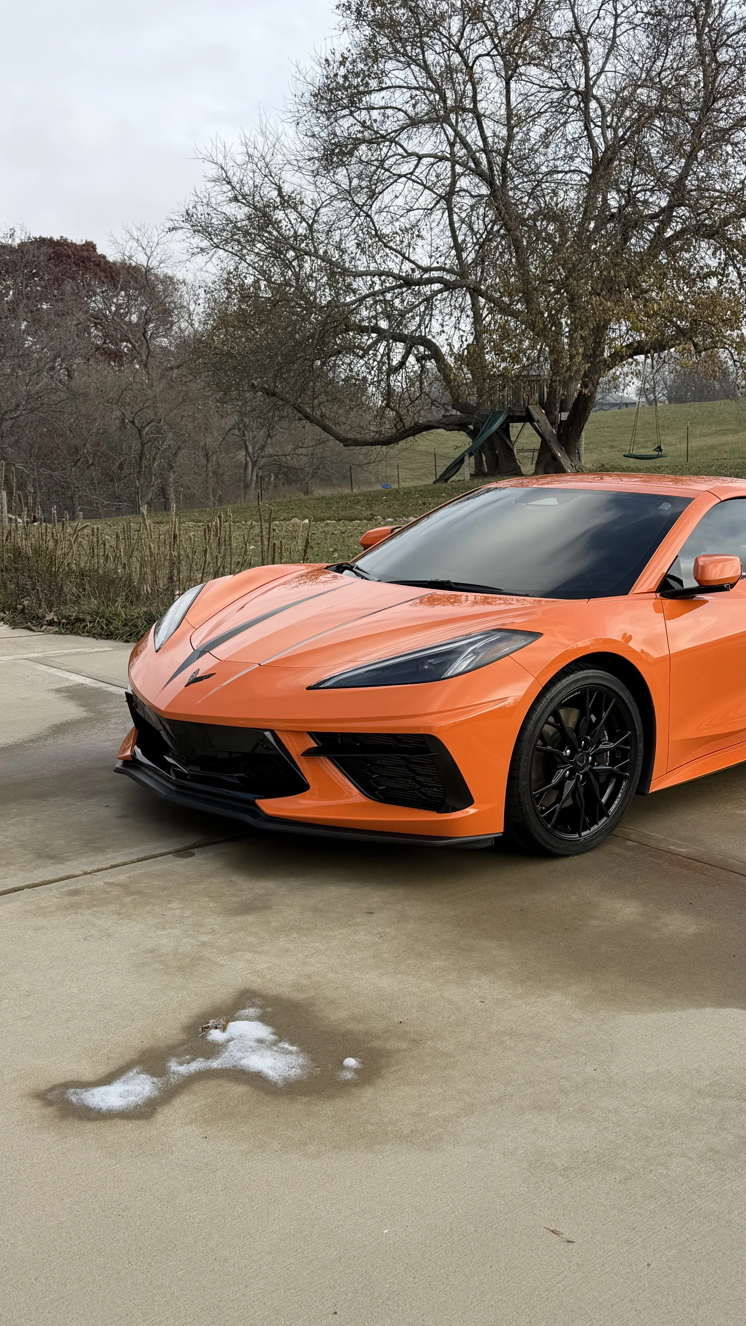 Orange sports car parked on a driveway with a tree and a swing set in the background.