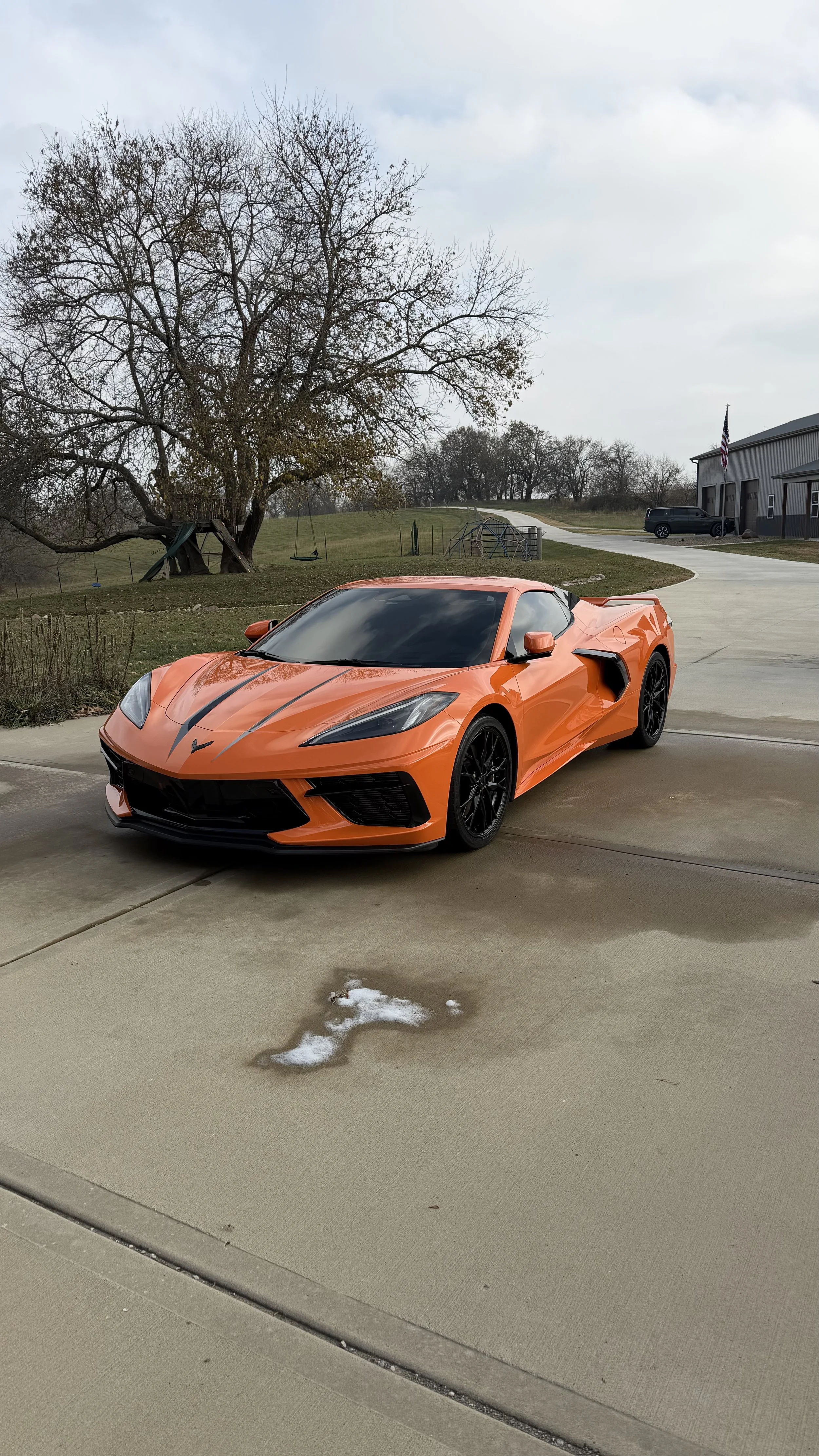 An orange Chevrolet Corvette sports car parked on a concrete driveway in a residential area. The background features a leafless tree, some grass, and a building with an American flag.