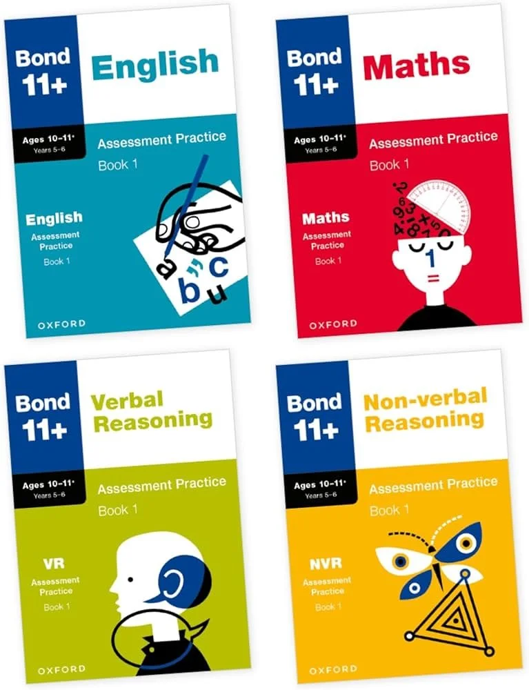 A photo of the front cover of all four Bond 11+ Practice books for English, Maths, Verbal Reasoning and Non-Verbal Reasoning.