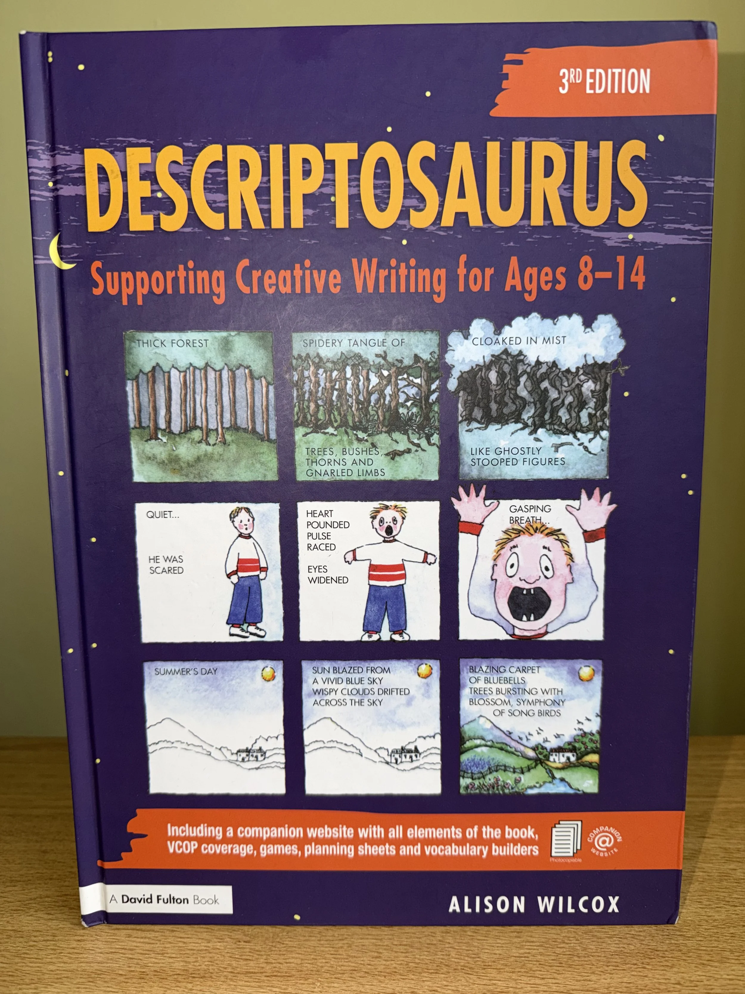 A photo of the front cover of the Descriptosaurus: Supporting Creative Writing for ages 8-14 by Alison Wilcox. The book has a purple front cover and is great for developing children's use of figurative language - similes|metaphors|personification