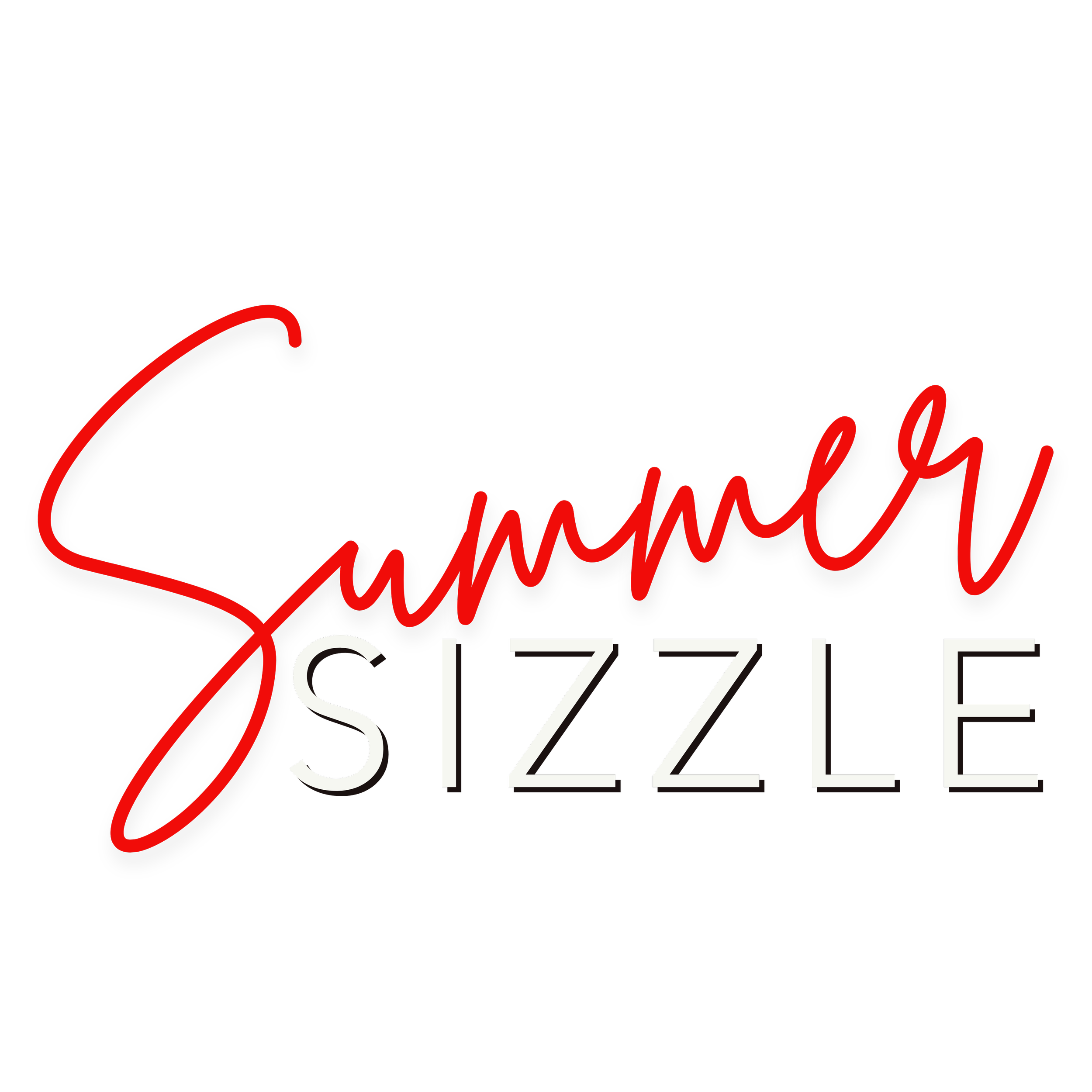 Text graphic that reads 'Summer Sizzle' in red and white cursive and block fonts on a black background.