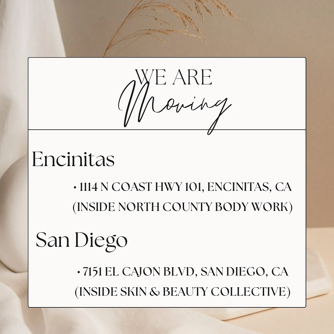 WE ARE MOVING!

We will have the addresses for you when you confirm your appointments in MAY, as well as on our website. Please see Below for schedule 
(save this post for reference )

Encinitas&mdash;
TUESDAY 10:30-6:30: Johanah
WEDNESDAY 10:30-6:30
