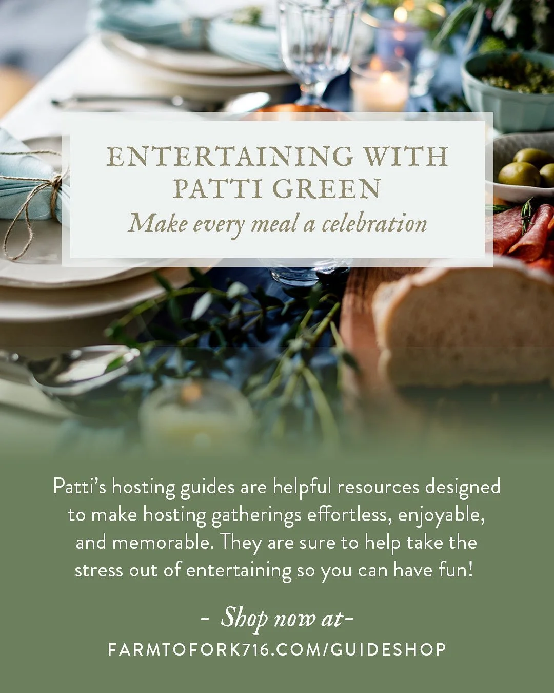 ENTERTAINING WITH PATTI GREEN
Make every meal a celebration!
⠀⠀⠀⠀⠀⠀⠀⠀⠀
Hosting Made Simple &amp; Recipe Guides are now available for purchase in our shop.
⠀⠀⠀⠀⠀⠀⠀⠀⠀
Patti&rsquo;s hosting guides are helpful resources designed to make hosting gathering