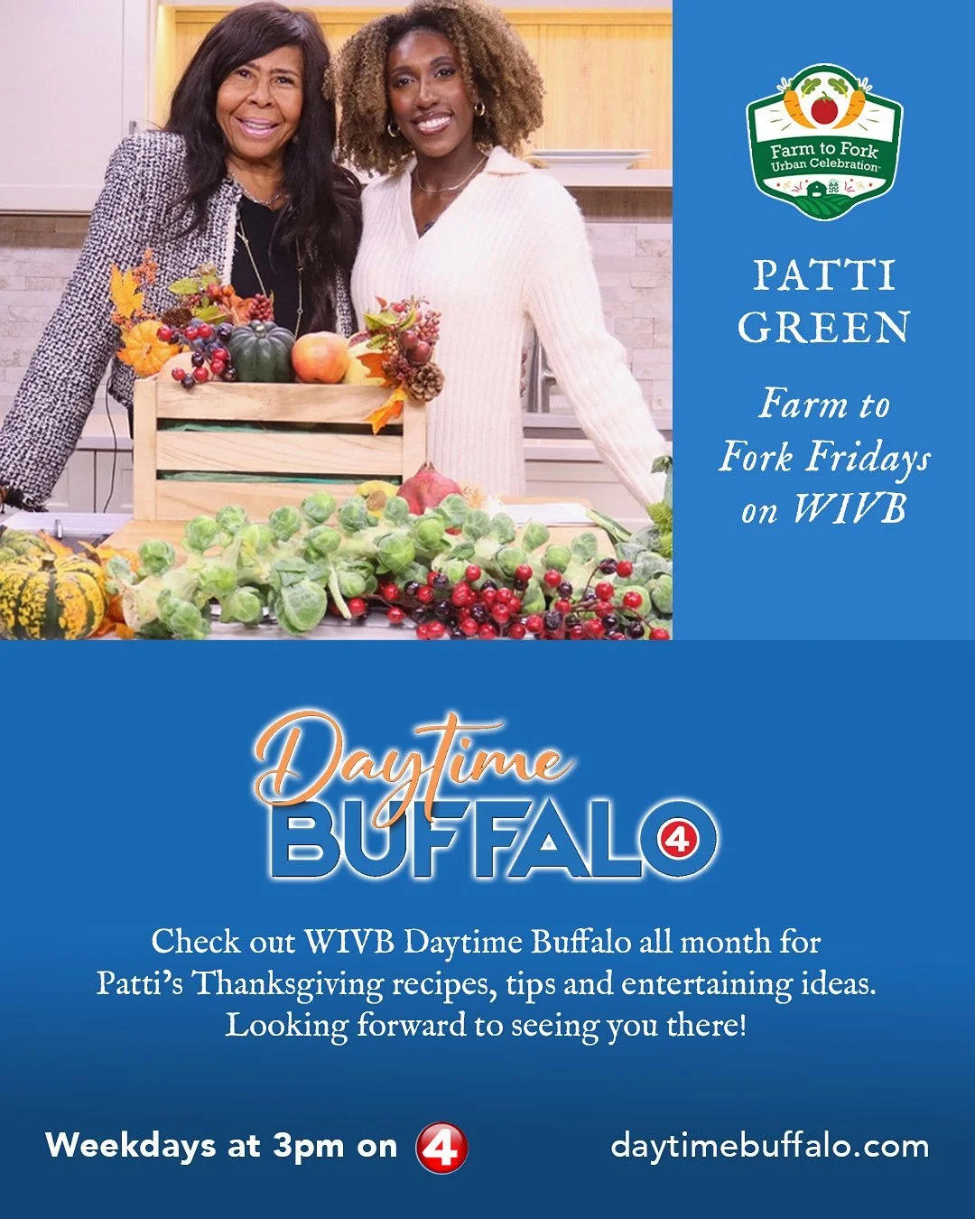 Check out WIVB Daytime Buffalo all month for Patti&rsquo;s Thanksgiving recipes, tips and entertaining ideas! Farm to Fork Fridays at 3pm, see you there!
⠀⠀⠀⠀⠀⠀⠀⠀⠀
Get a little peek into our Ultimate Thanksgiving Playbook which walks you through ever