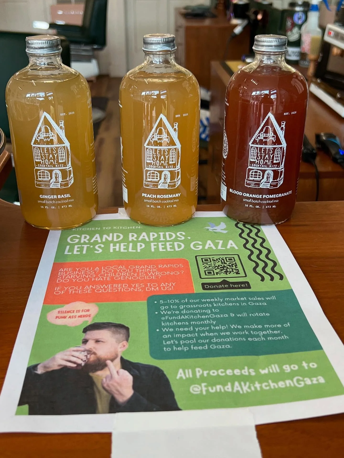 The QR code for @letsstayhome_gr’s donation initiative for @fundakitchengaza is up in the shop! You can donate personally through that if you’d like — plus, we’re holding a raffle here in the shop to win one of Let’s Sta