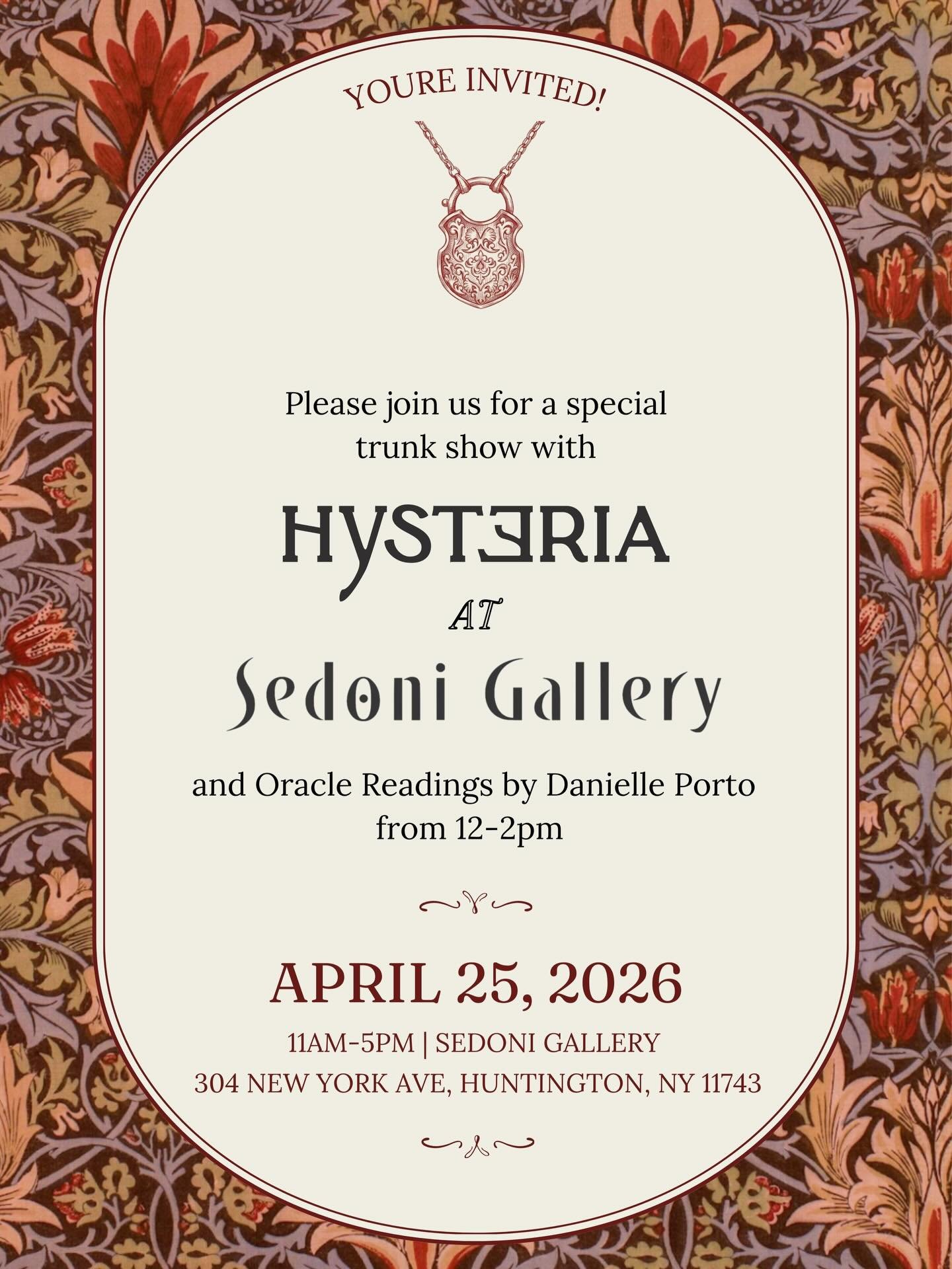 @hysteriajewelry is coming to Long Island! 💥
Popping up at @sedonigallery in Huntington on Saturday, April 25th. Oracle Reading&rsquo;s by @consciouslyconnectedyou ✨
No RSVP needed, come when you can. Energy readings will be done on a first come, fi