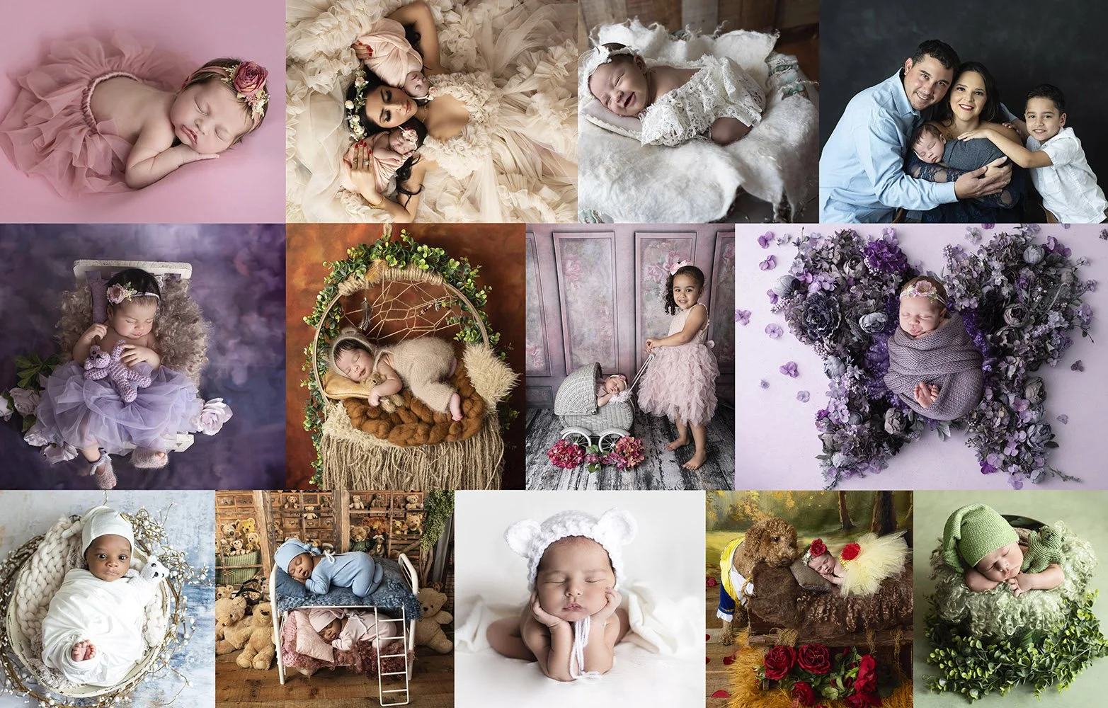 A collage of various newborn and young children in different settings and outfits, including some with parents and others with props and decorative backgrounds.