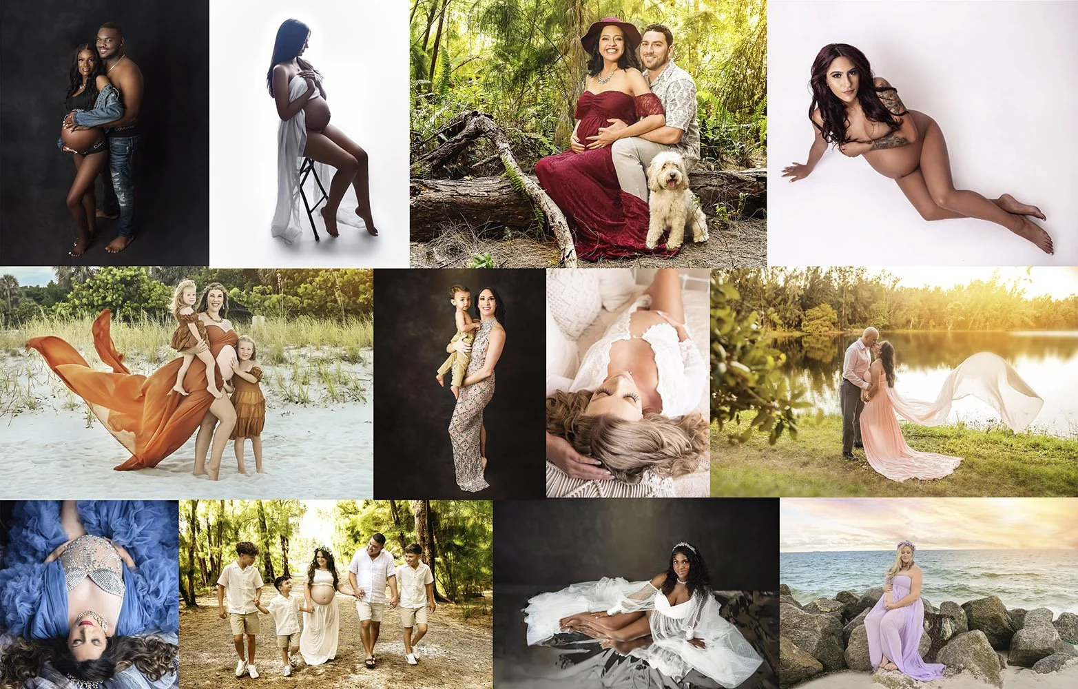 Collage of various portrait and outdoor photographs featuring women, children, families, couples, and pregnant women in different settings and poses.