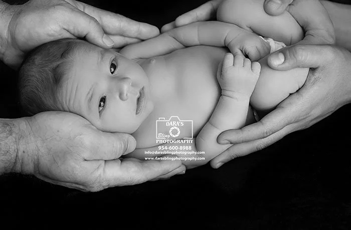 black and white newborn girl with parents hands holding her
