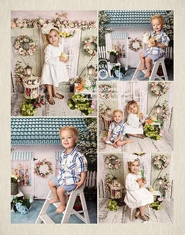 Collage of children in a decorated outdoor setting with flowers, wreaths, and furniture, engaging in playful and posed activities.