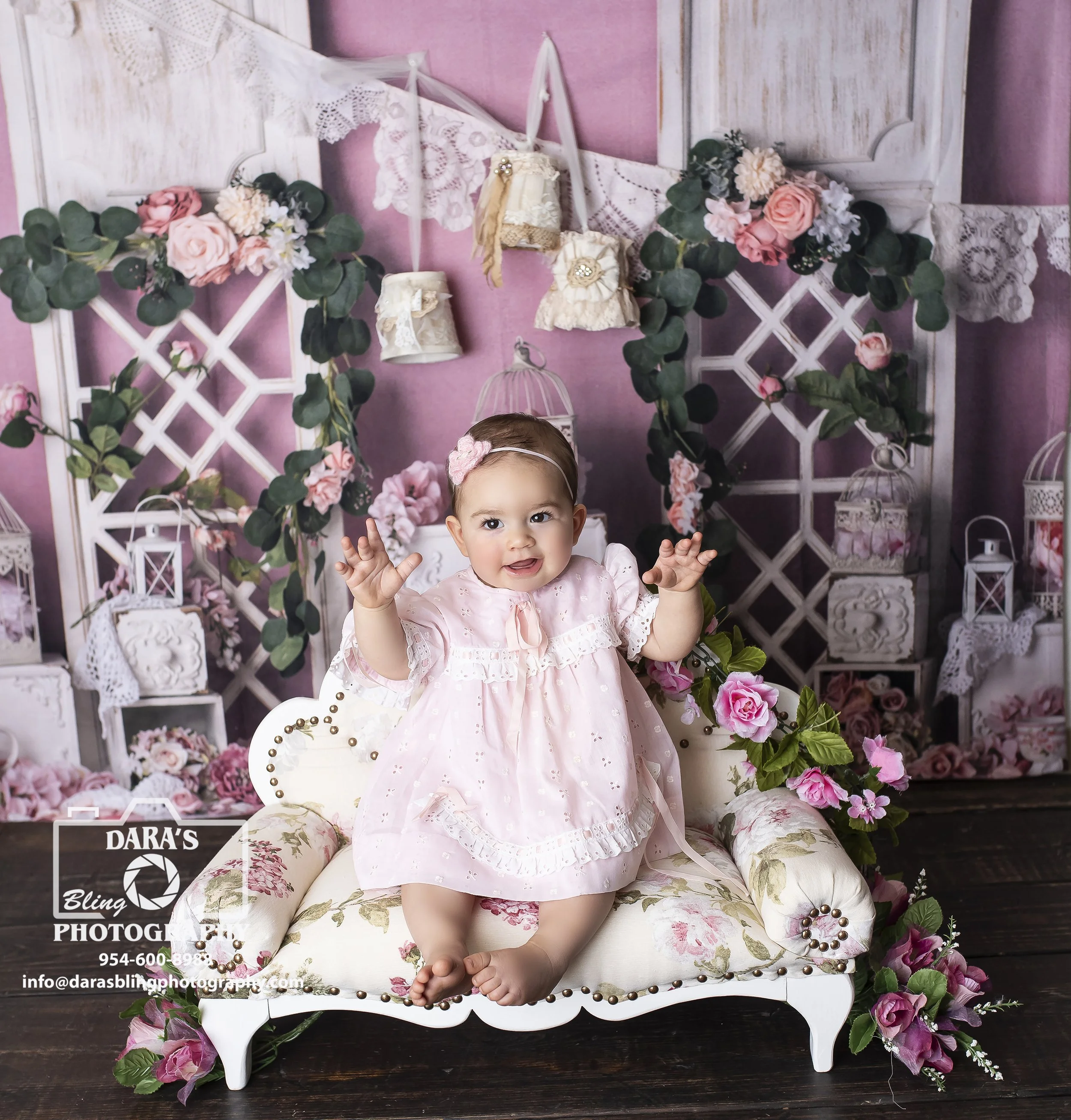 milestone photographer in Boca Raton 10 month baby sitting on vintage couch