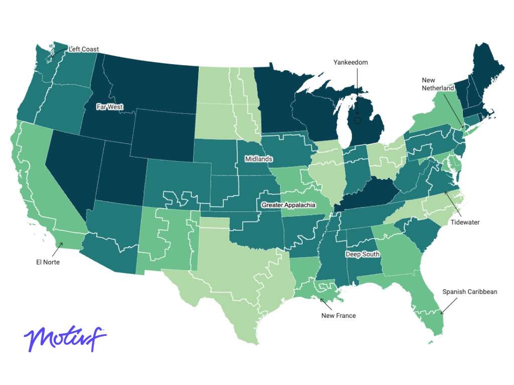 A map of the United States showcasing various "American Nations" on top of state boundaries, in varying shades of green. The map also features the Motivf logo in the bottom left corner.