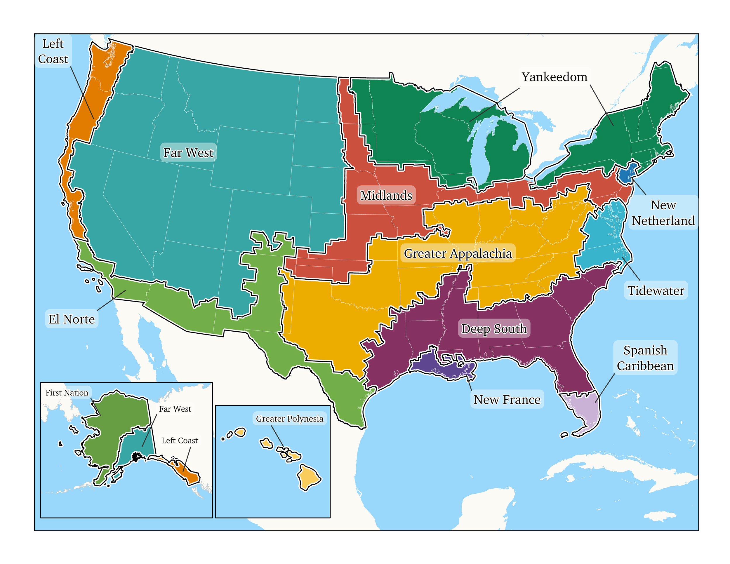 Color-coded map of Colin Woodard’s “American Nations.” Each Nation is uniquely named, such as “Yankeedom” and “Greater Appalachia.” These regions share similar political viewpoints and common cultural and socioeconomic traits.