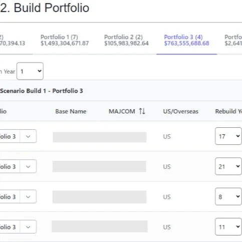Screenshot of a digital platform showing various portfolio options with financial figures, base names, locations (US/Overseas), and rebuild years in a tabular format. The highlighted portfolio is “Portfolio 3.”