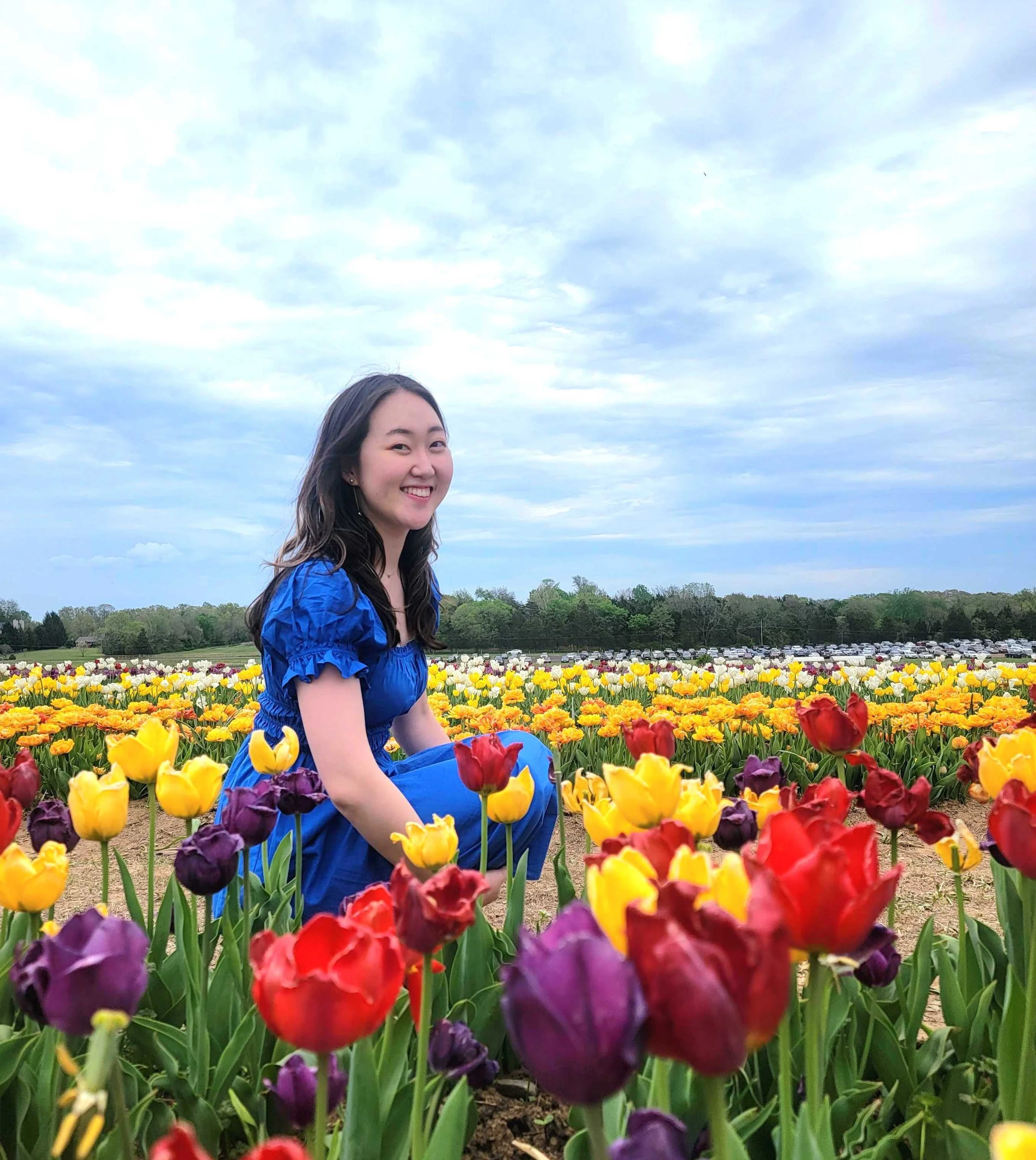 Julie Kim kneels while wearing a blue dress in a field of multi-colored tulips with a partly cloudy blue sky in the background.