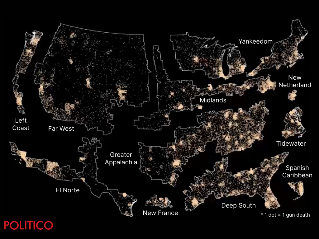 A dark map of the U.S. displays labeled American Nations like “Left Coast” and “Greater Appalachia” with bright dots, each representing a gun death, emphasizing regional patterns. The map also features the Politico logo in the bottom left corner.
