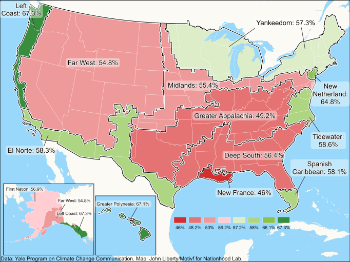 Color-coded U.S. map displaying percentages of climate change consensus by American Nations like “Left Coast,” “Deep South,” and “Yankeedom.” Each region is distinctly colored and labeled with a percentage value.