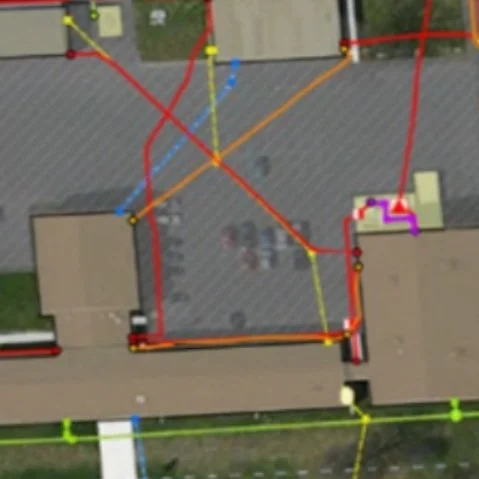 Aerial view of a building with color-coded utility lines and pathways, highlighting various connections and infrastructure elements for mapping and planning purposes.